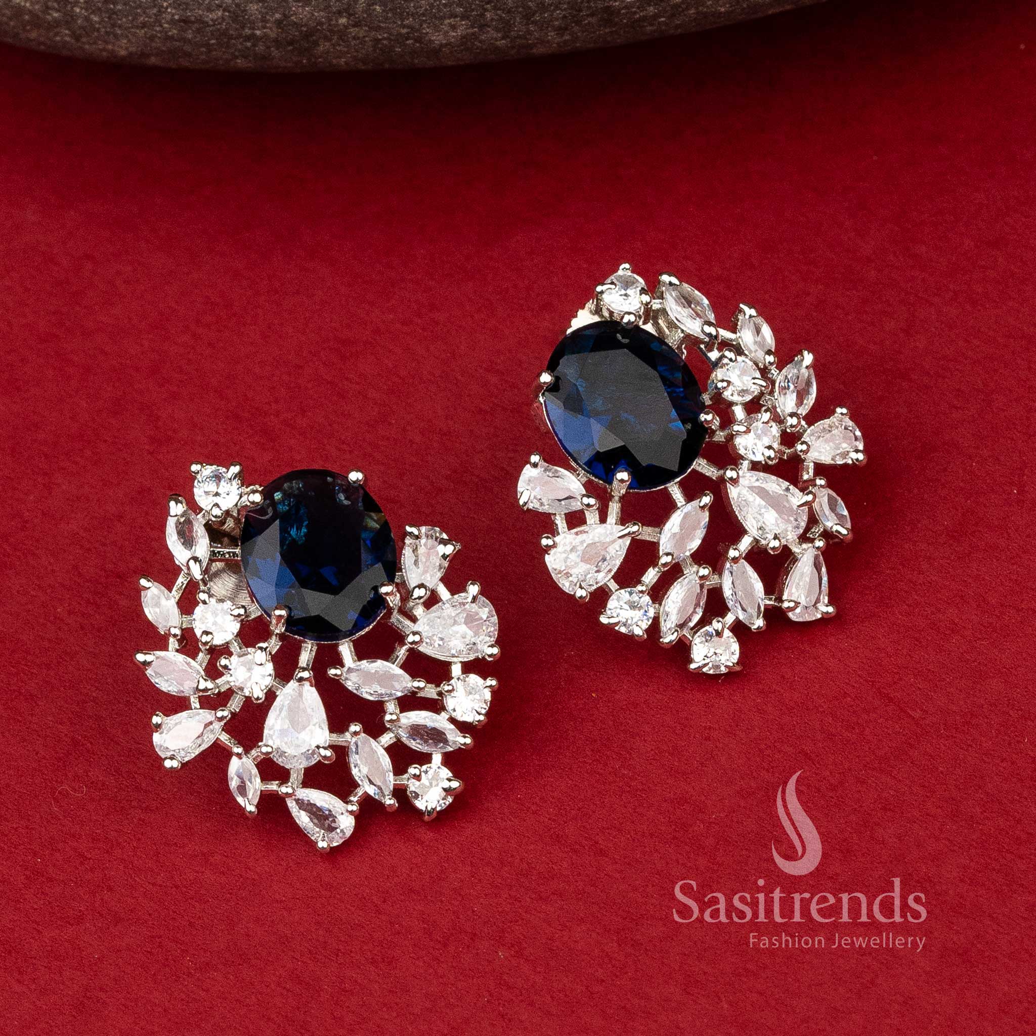 Sasitrends | American Diamond Studded Oval Top Earrings - Rhodium Silver & Rose Gold - Image 11