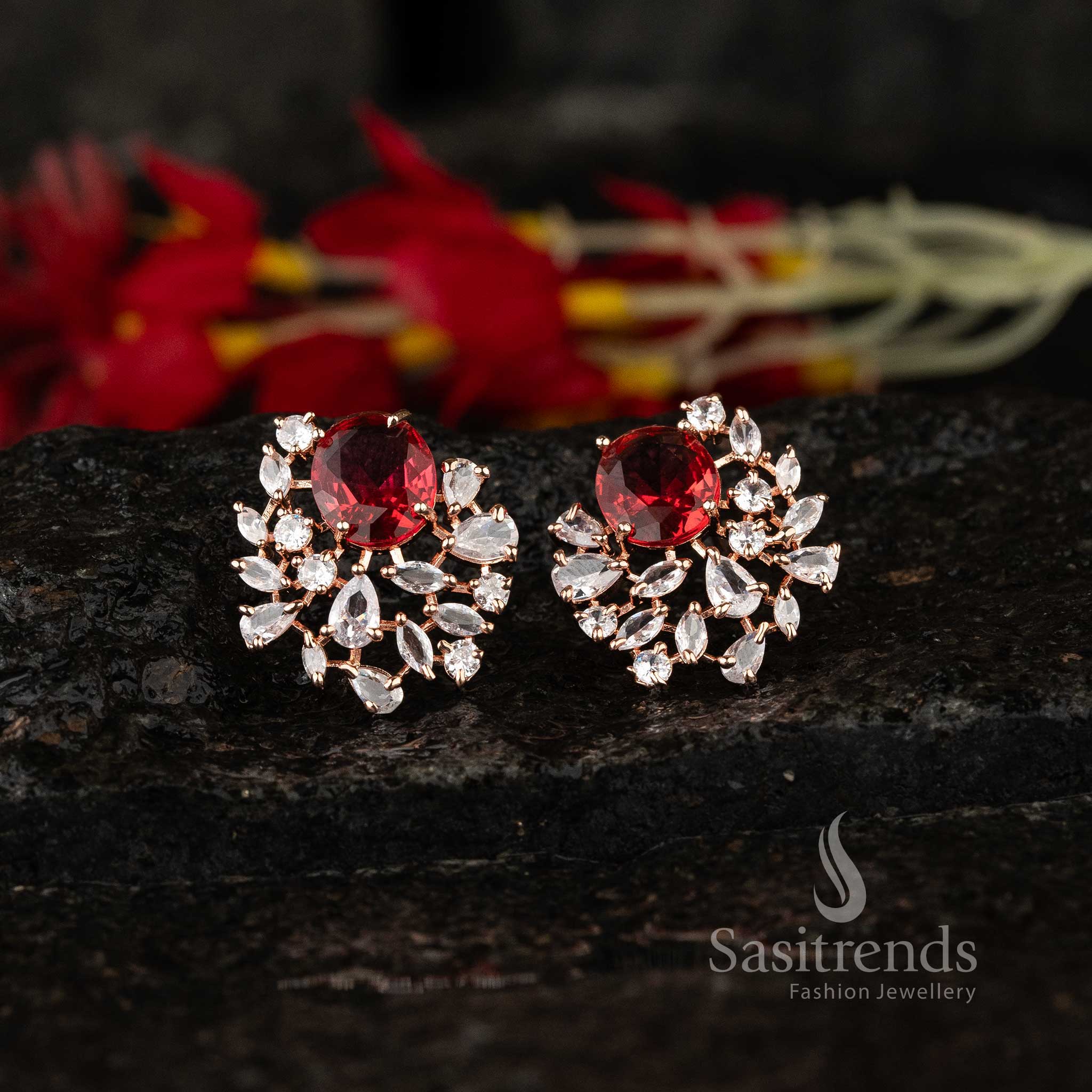 Sasitrends | American Diamond Studded Oval Top Earrings - Rhodium Silver & Rose Gold - Image 21