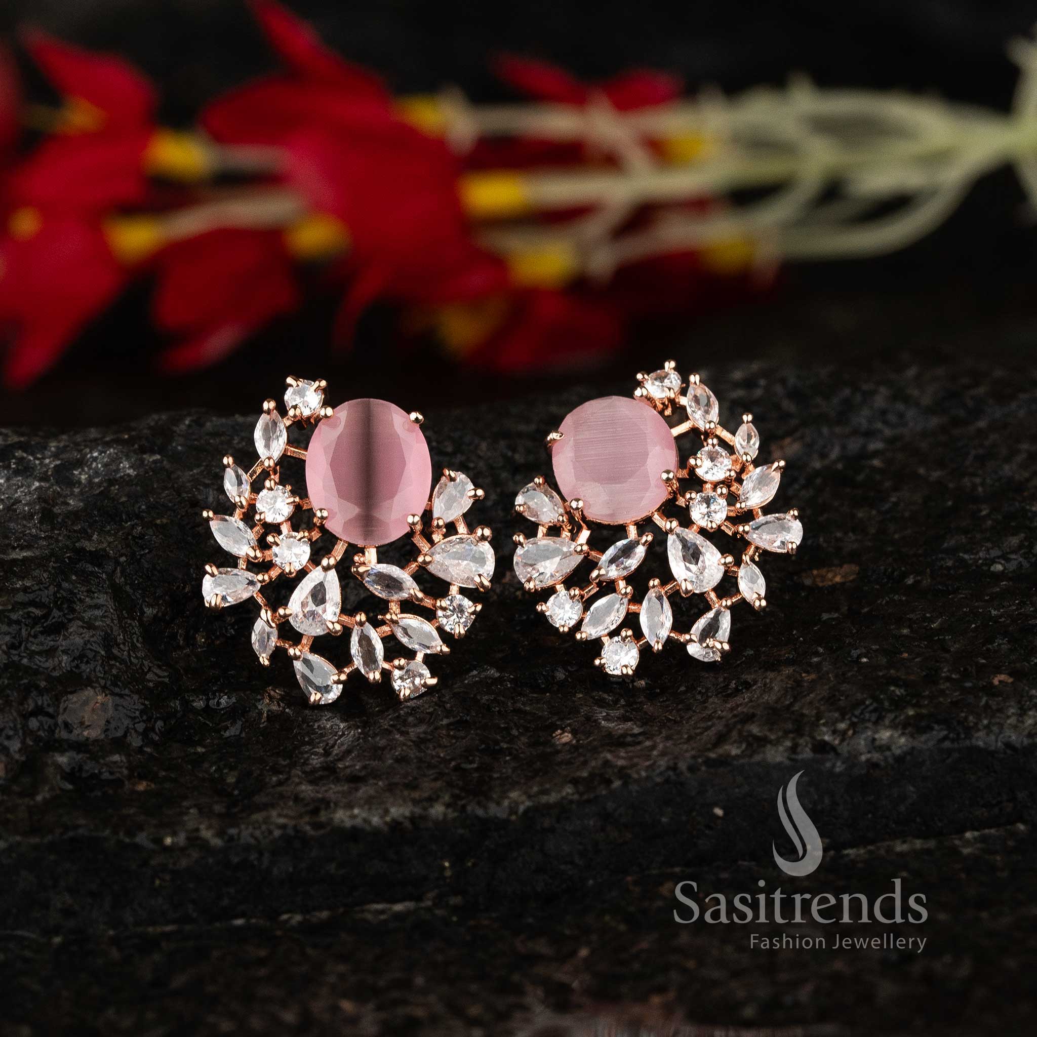Sasitrends | American Diamond Studded Oval Top Earrings - Rhodium Silver & Rose Gold - Image 24