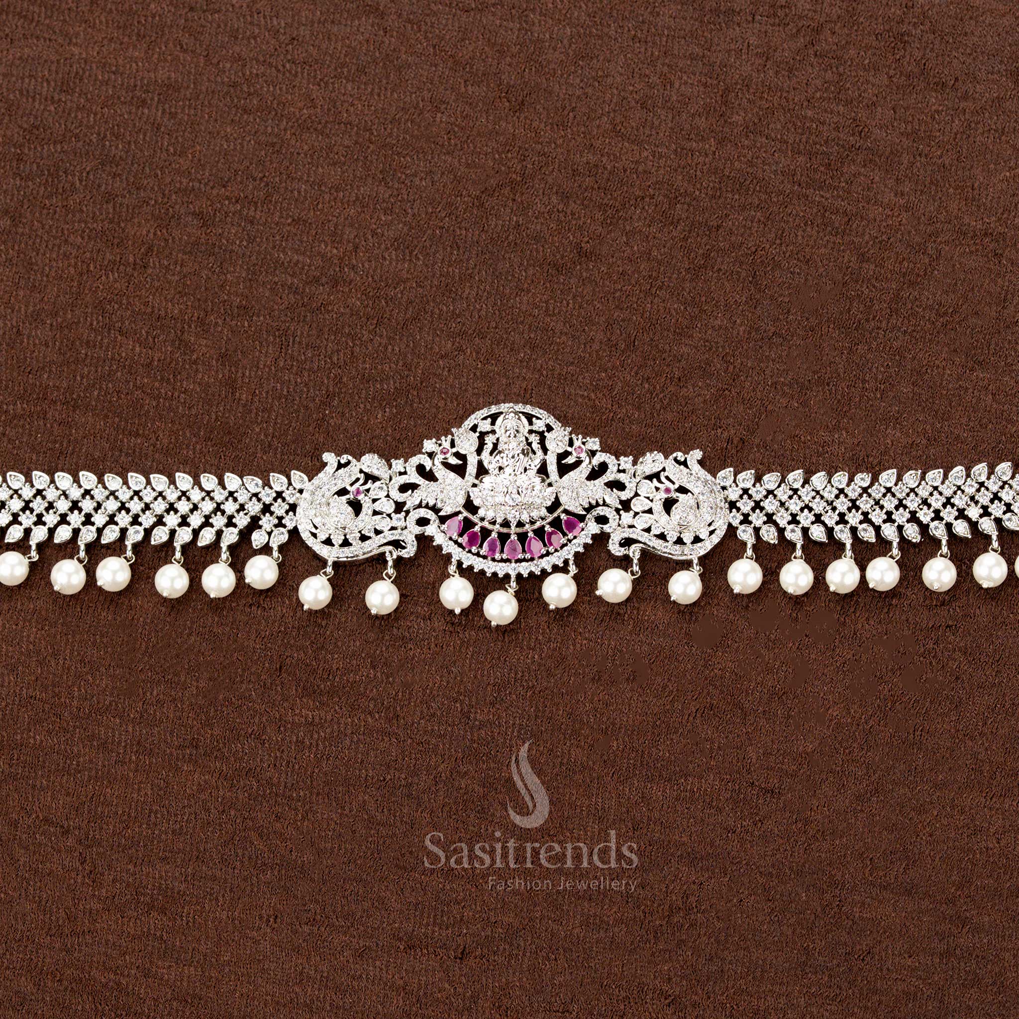 Amazing American Diamond Rhodium Silver Plated Hip belt with Goddess Lakshmi and Peacock Motifs - Sasitrends