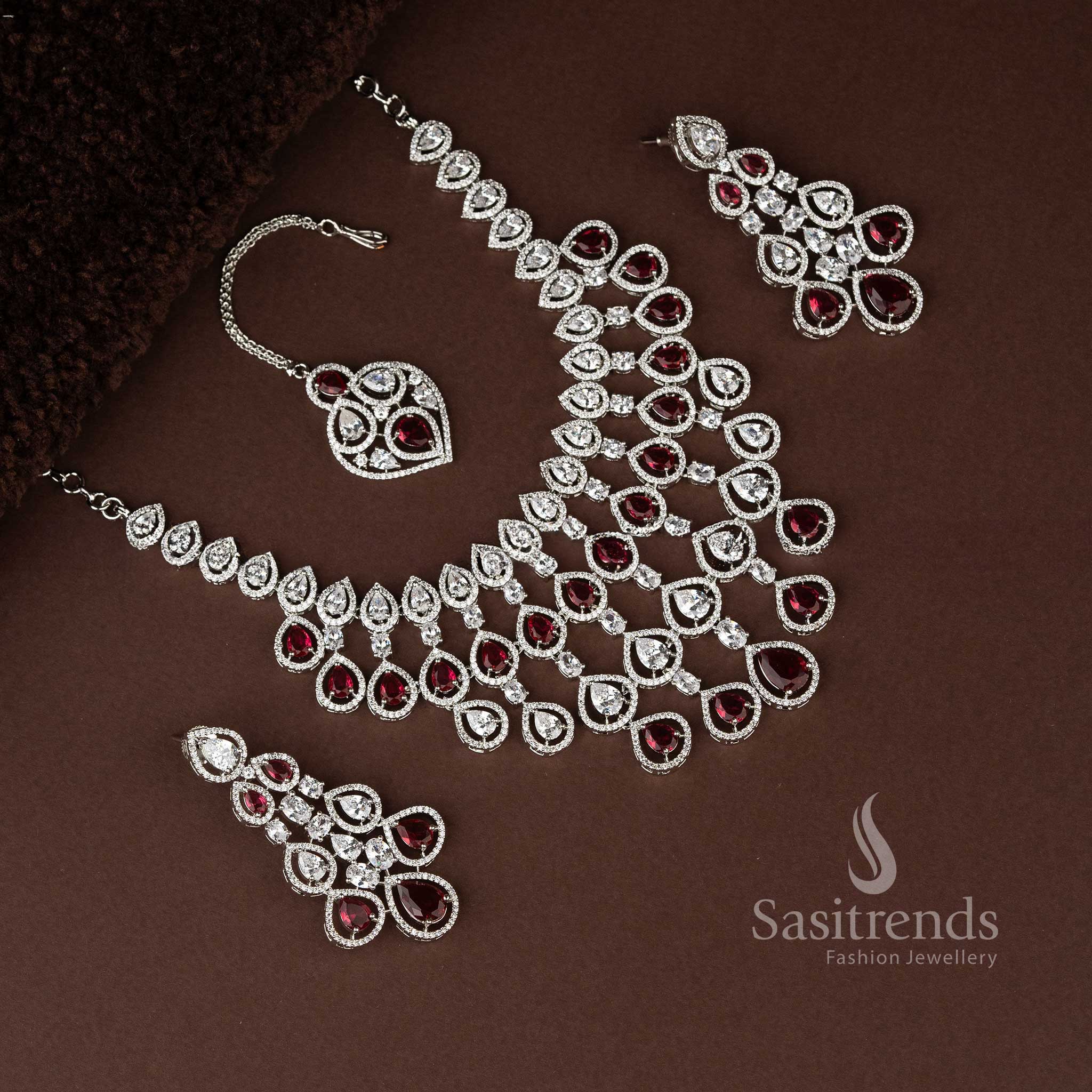 Exquisite American Diamond Rhodium-Plated Bridal Necklace Jewellery Set - Image 3