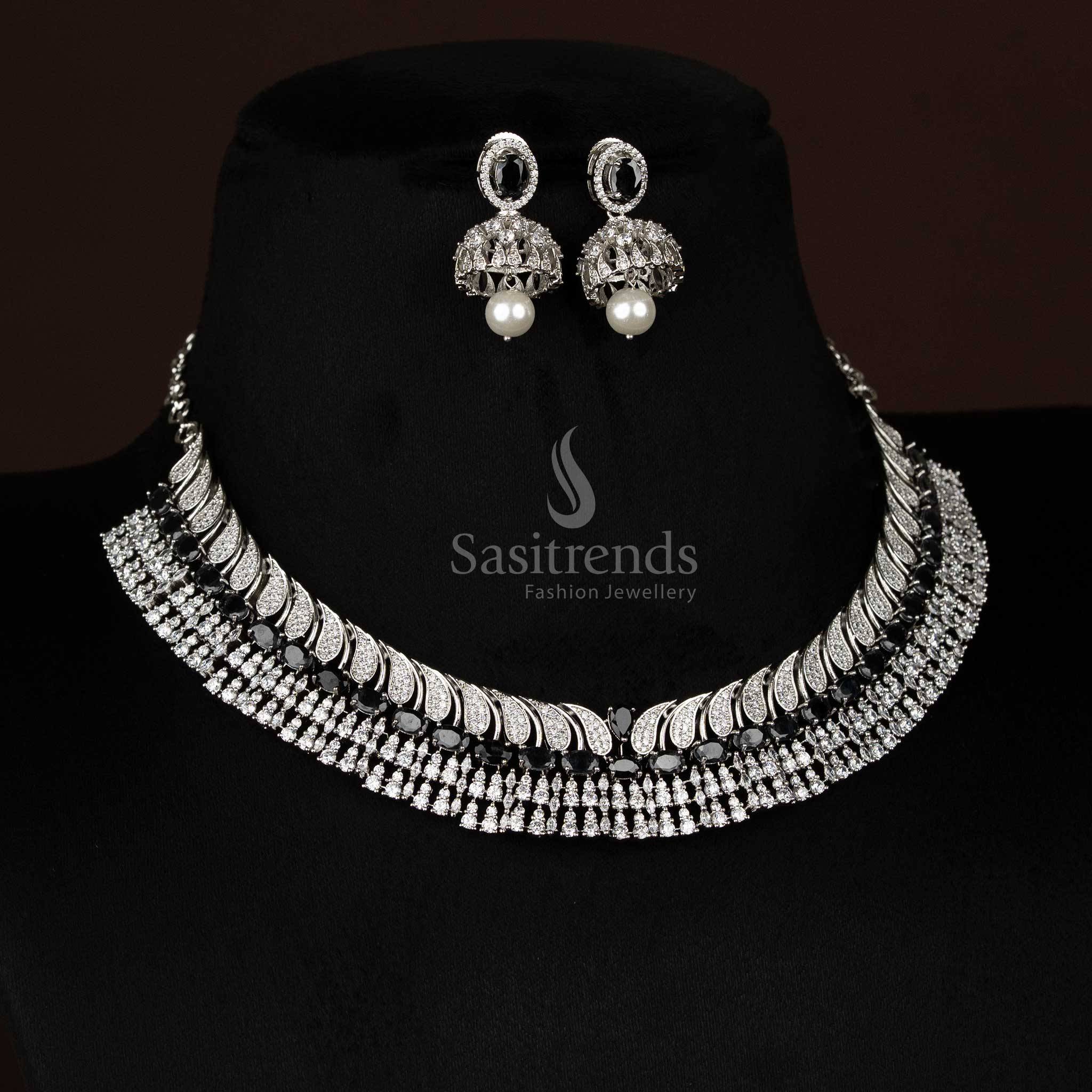 Beautiful American Diamond Rhodium Silver Plated Paisley Feather Necklace Jewellery set with Oval Teardrop Stones for Festive Wear - Image 10