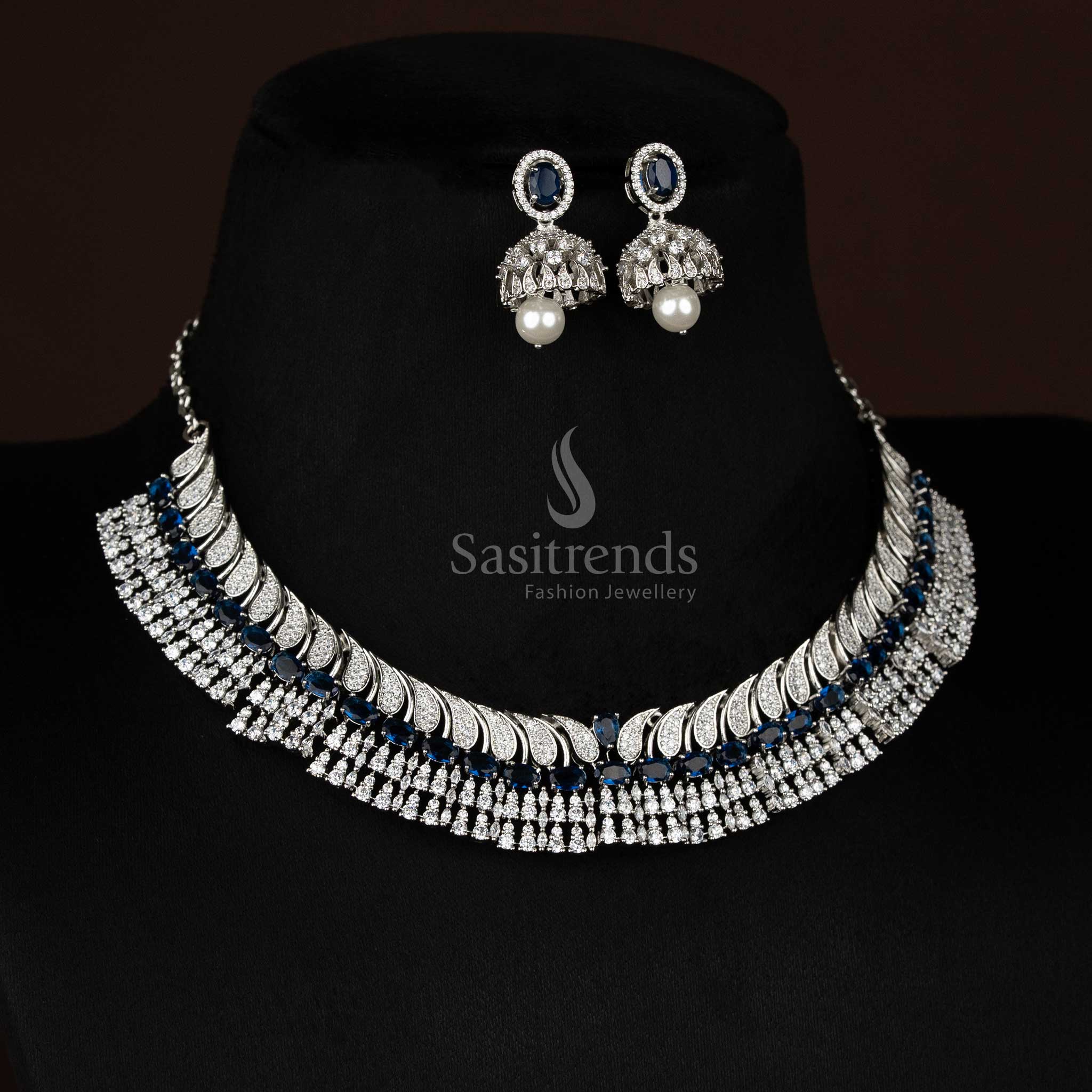 Beautiful American Diamond Rhodium Silver Plated Paisley Feather Necklace Jewellery set with Oval Teardrop Stones for Festive Wear - Image 3