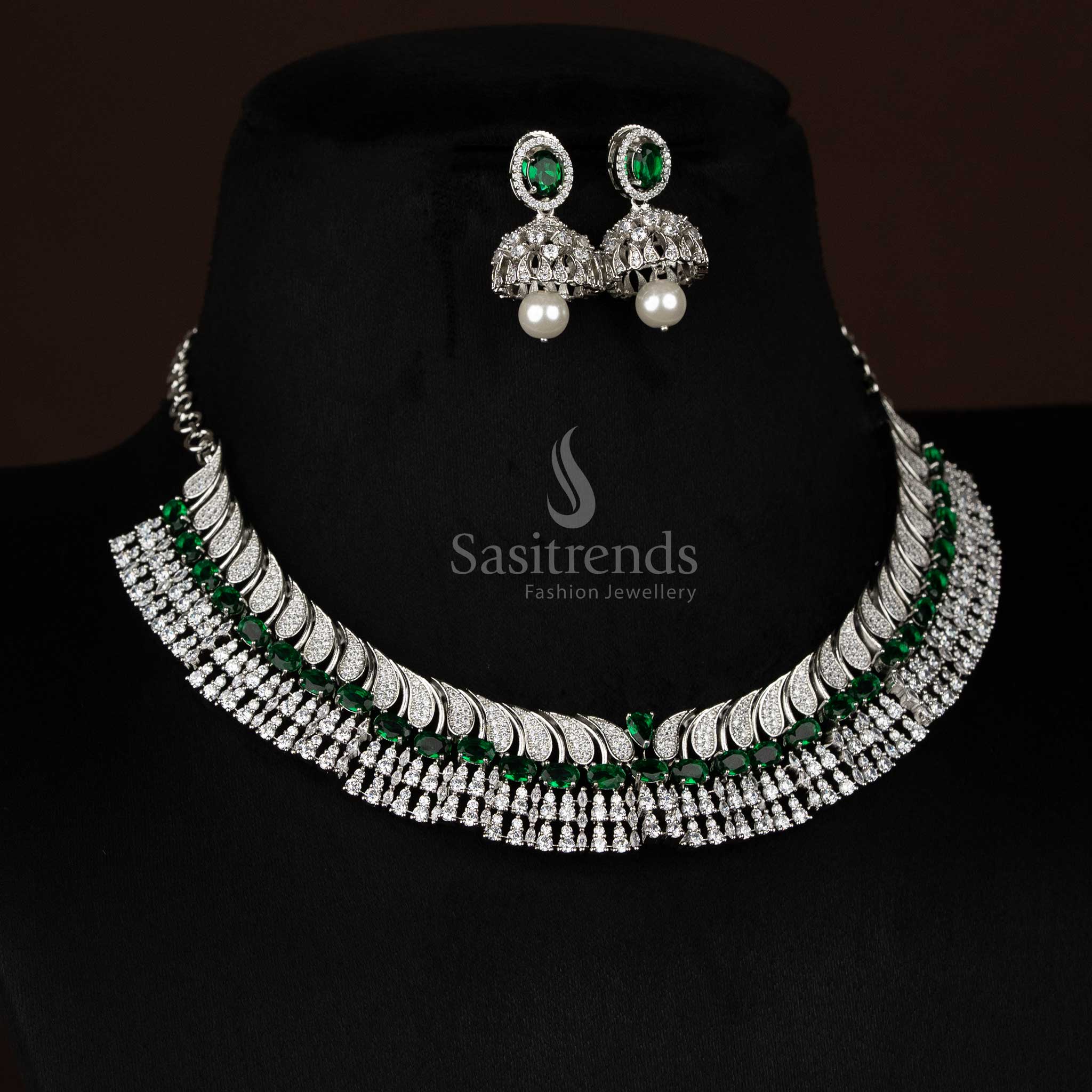 Beautiful American Diamond Rhodium Silver Plated Paisley Feather Necklace Jewellery set with Oval Teardrop Stones for Festive Wear - Image 4