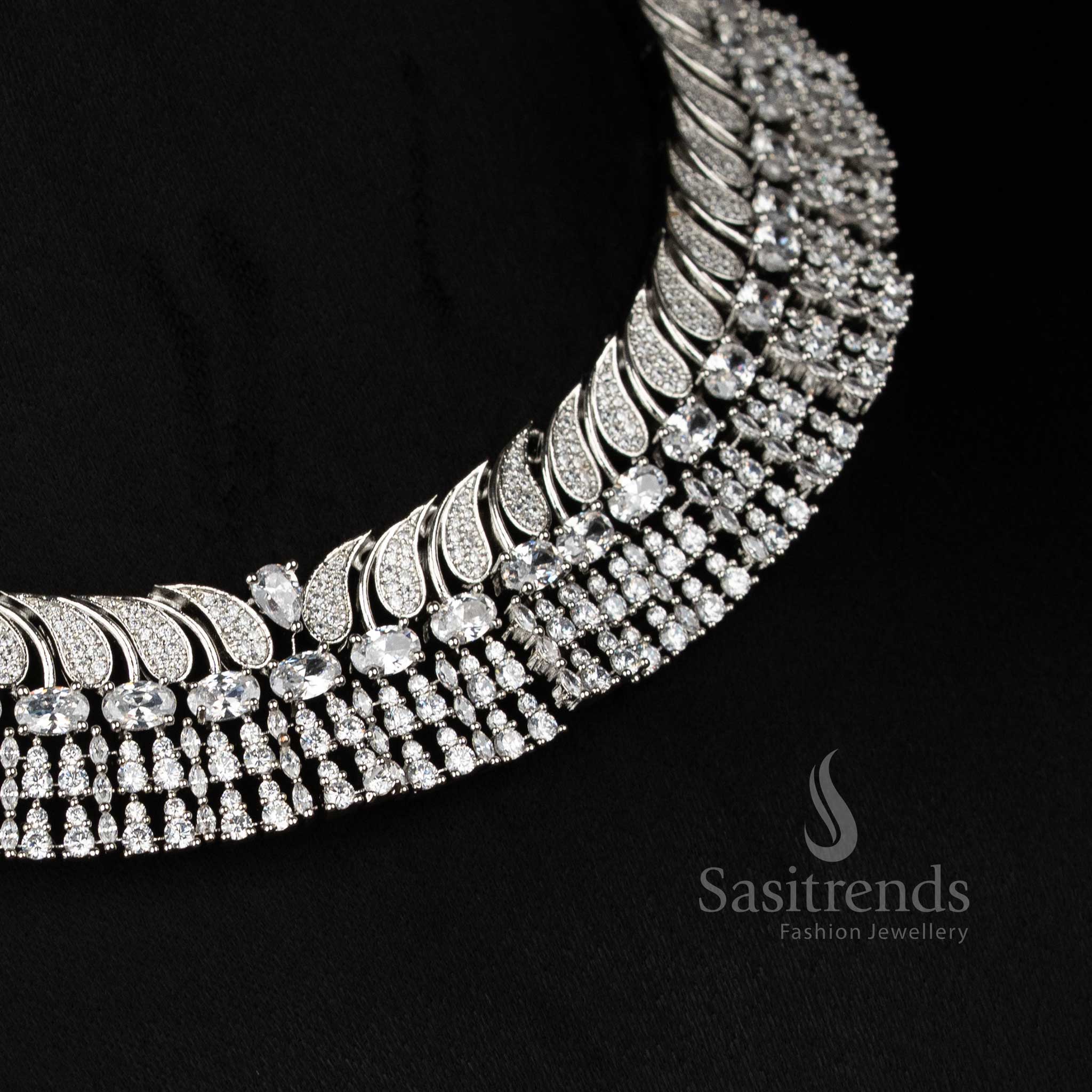 Beautiful American Diamond Rhodium Silver Plated Paisley Feather Necklace Jewellery set with Oval Teardrop Stones for Festive Wear - Image 9