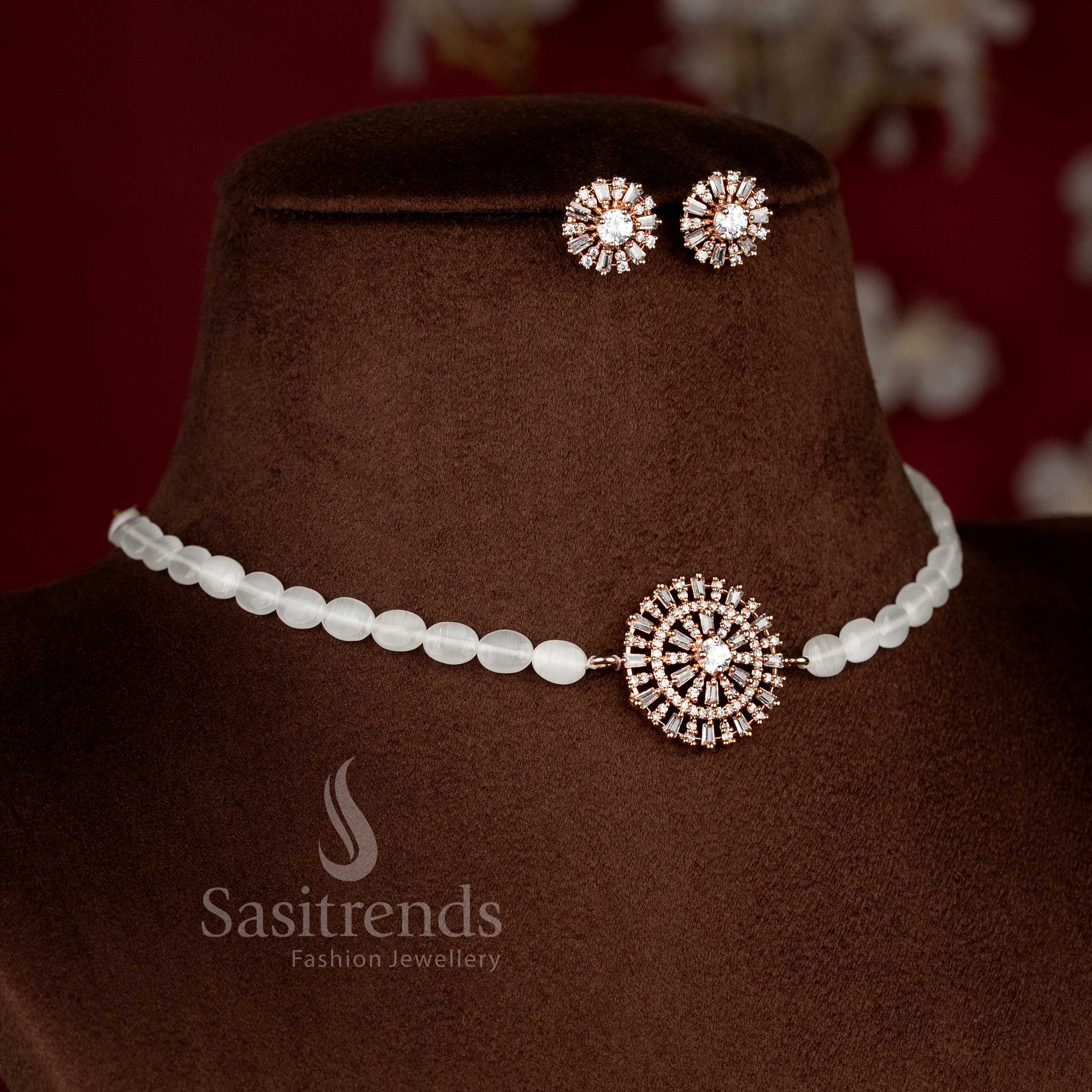 Glamorous American Diamond Round Pendant Beads Choker Rose Gold Necklace Jewellery Set with Matching Earrings for Parties & Celebrations - Image 6