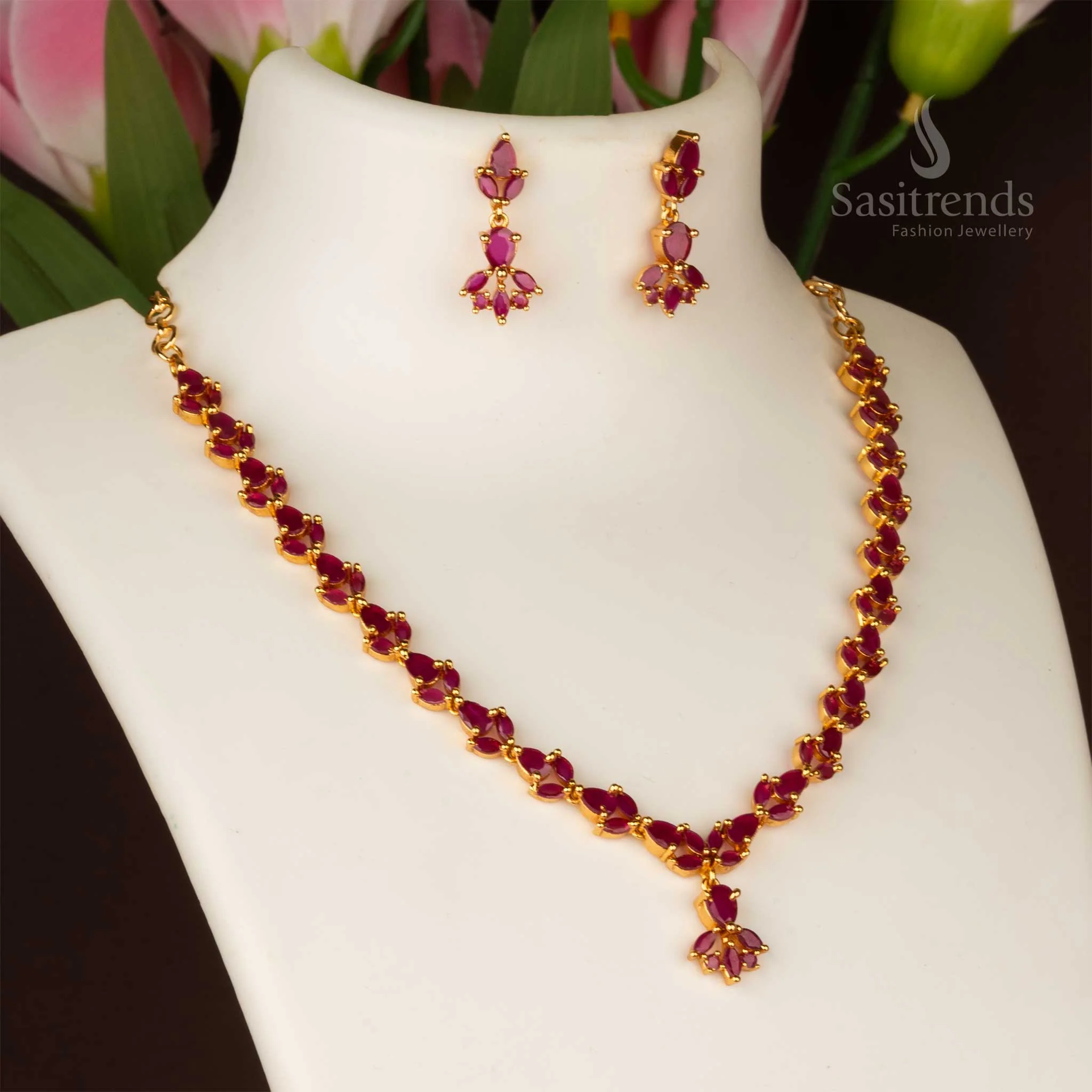 Sparkling American Diamond Micro Gold Plated Necklace Jewellery Set For Party Wear - Image 6