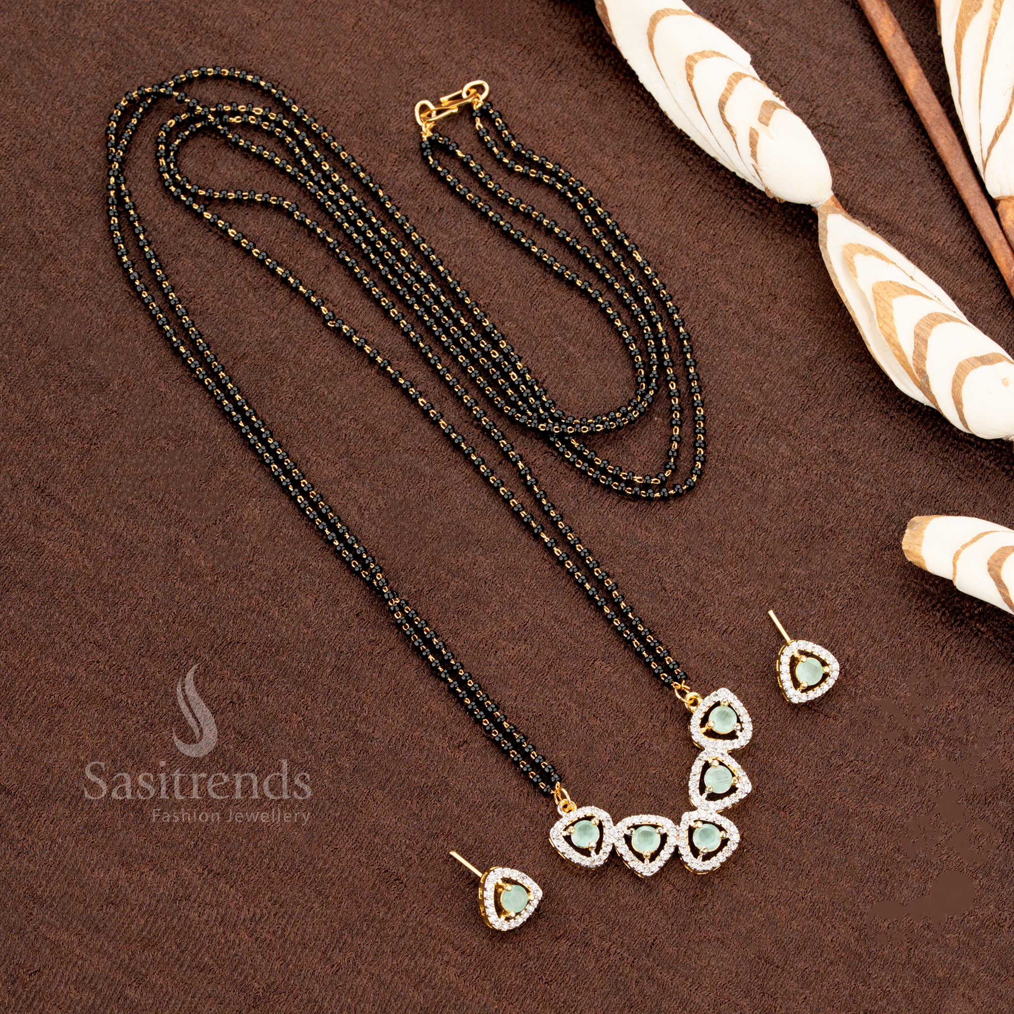 American Diamond Pendant Set with Mangalsutra Chain – Tri-Petal Drop Design & Matching Earrings - Sasitrends - Image 5