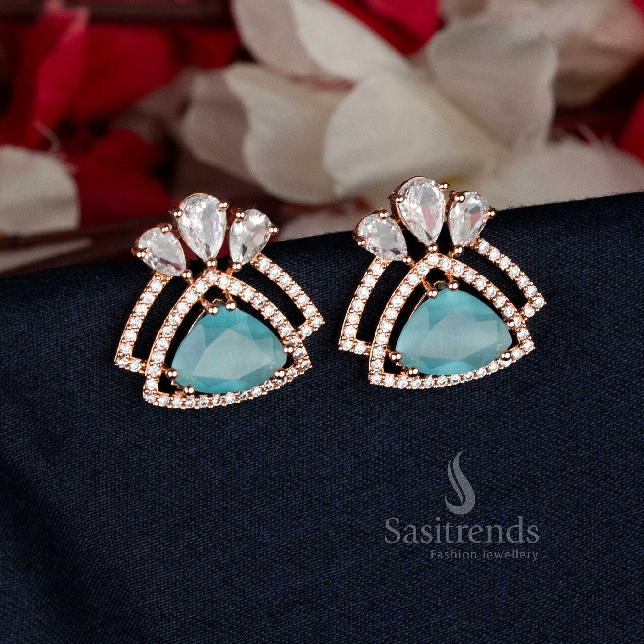Stylish American Diamond Triangular Shaped Stud Tops Earrings – Rhodium Silver & Rose Gold Plated for Party Wear - Image 12
