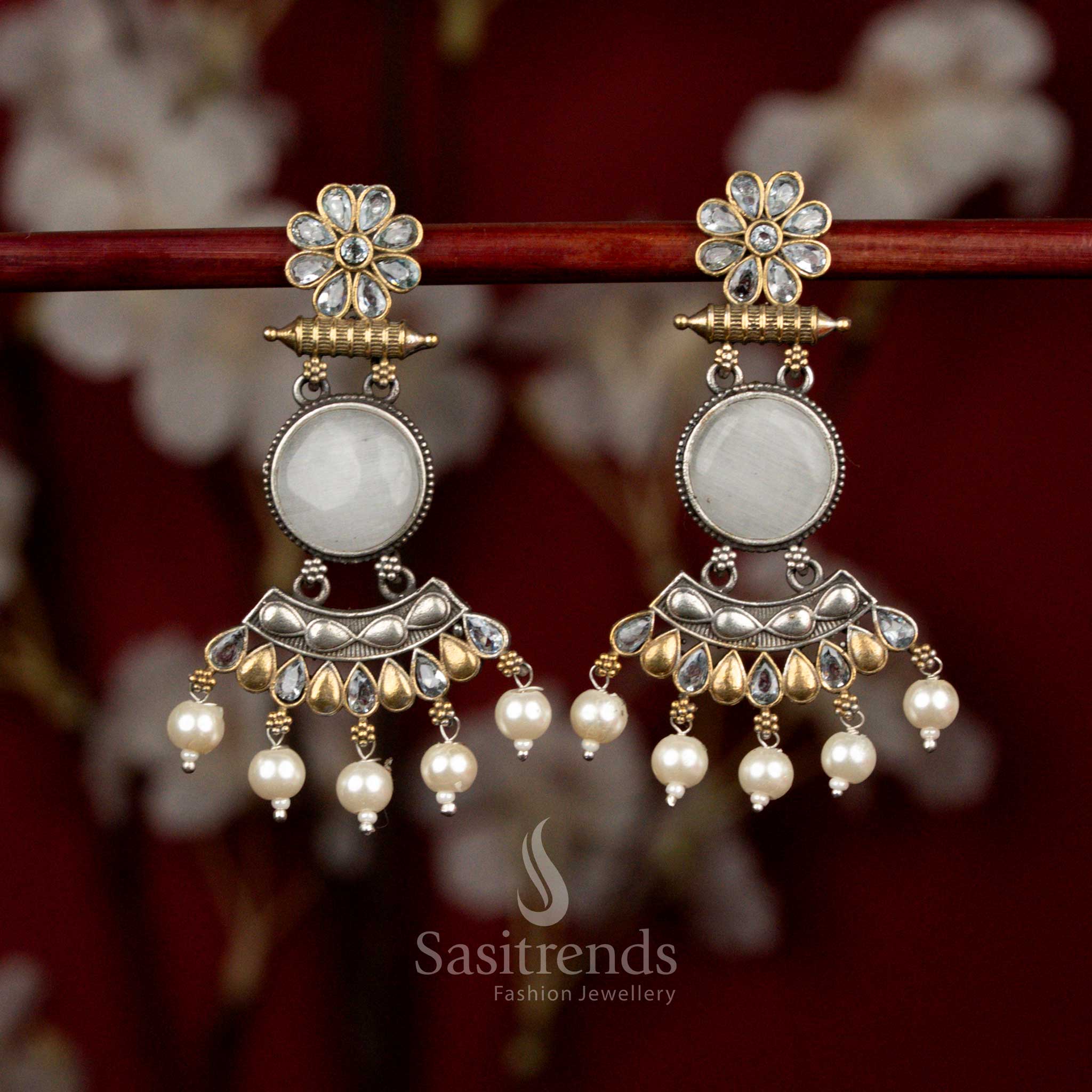 Antique Dual Tone 92.5 Silver Oxidised Plated Flower Round Crescent Arch Earrings with Teardrop-Shaped Monalisa Stones & Pearl Accents for Party Wear - Image 5