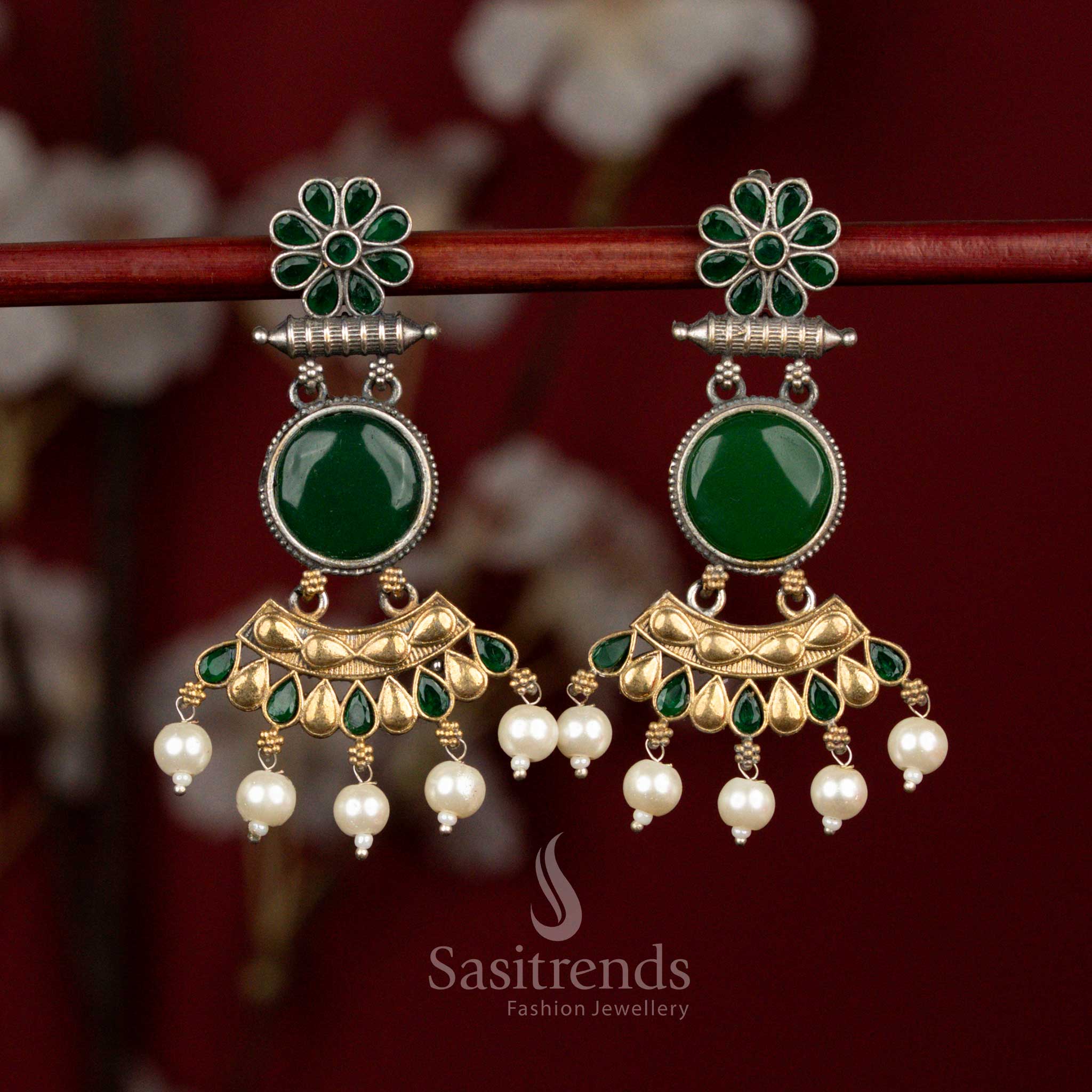 Antique Dual Tone 92.5 Silver Oxidised Plated Flower Round Crescent Arch Earrings with Teardrop-Shaped Monalisa Stones & Pearl Accents for Party Wear - Image 7
