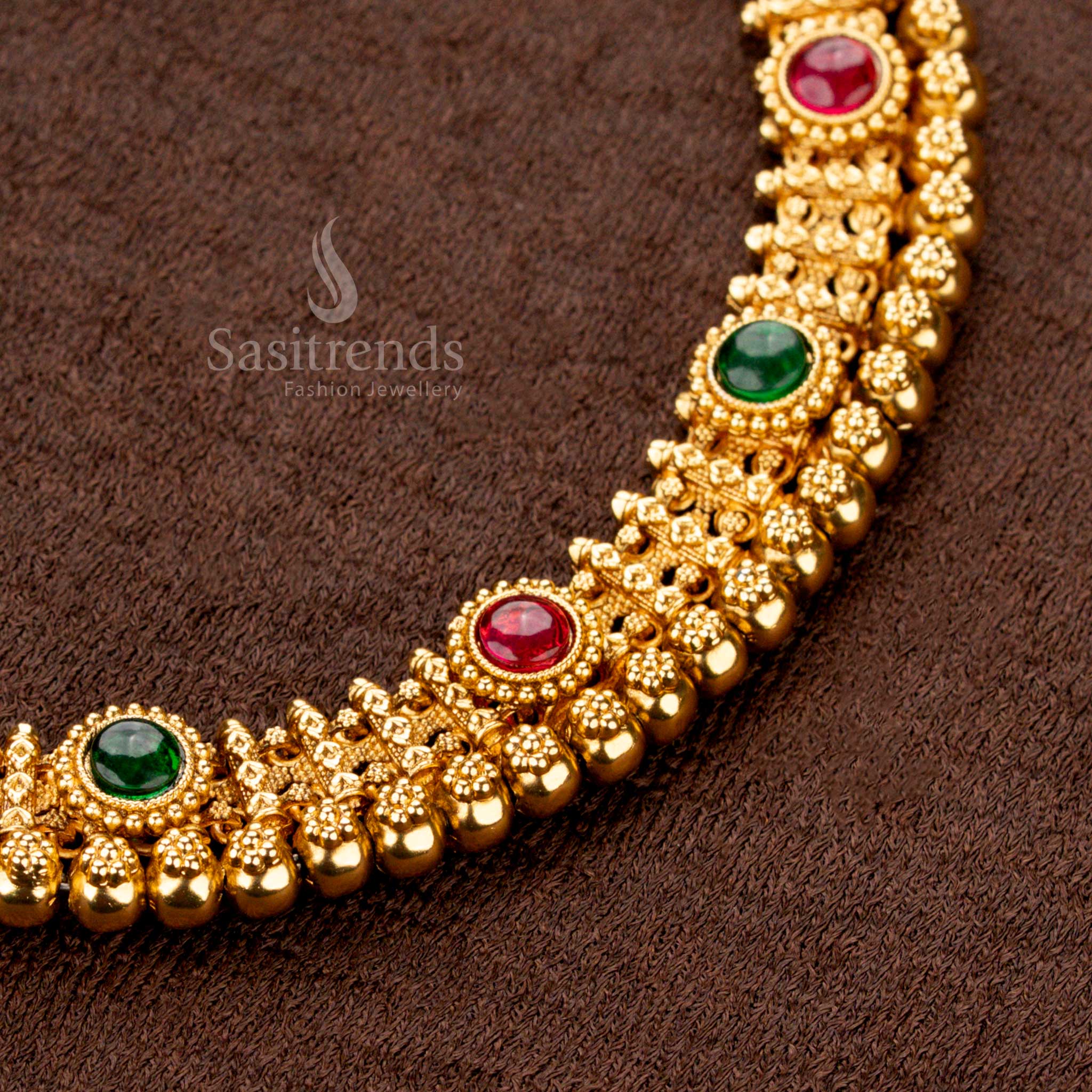 Antique Gold Plated Traditional Necklace Jewellery Set with Bold Bead Rows and Circular Motif Accents β Perfect for Saree and Festive Wear - Sasitrends - Image 2