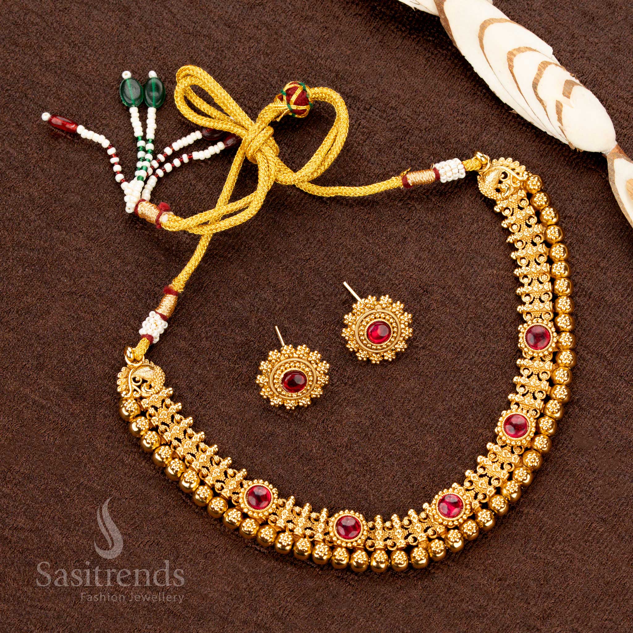 Antique Gold Plated Traditional Necklace Jewellery Set with Bold Bead Rows and Circular Motif Accents β Perfect for Saree and Festive Wear - Sasitrends - Image 4