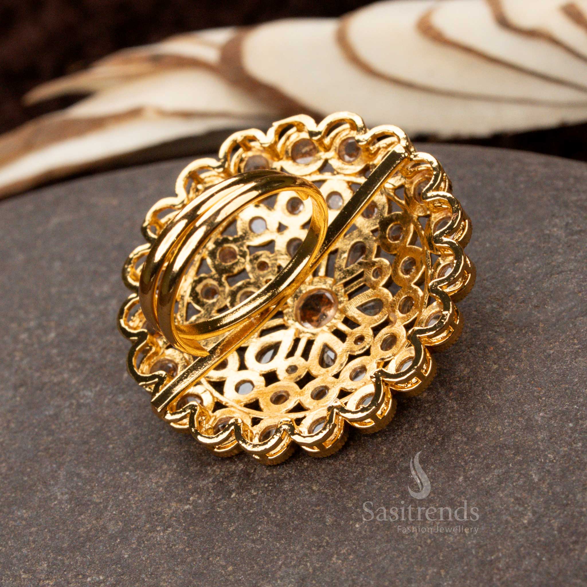Stylish Antique Gold Plated White Stone Floral Statement Ring - Sasitrends - Image 3