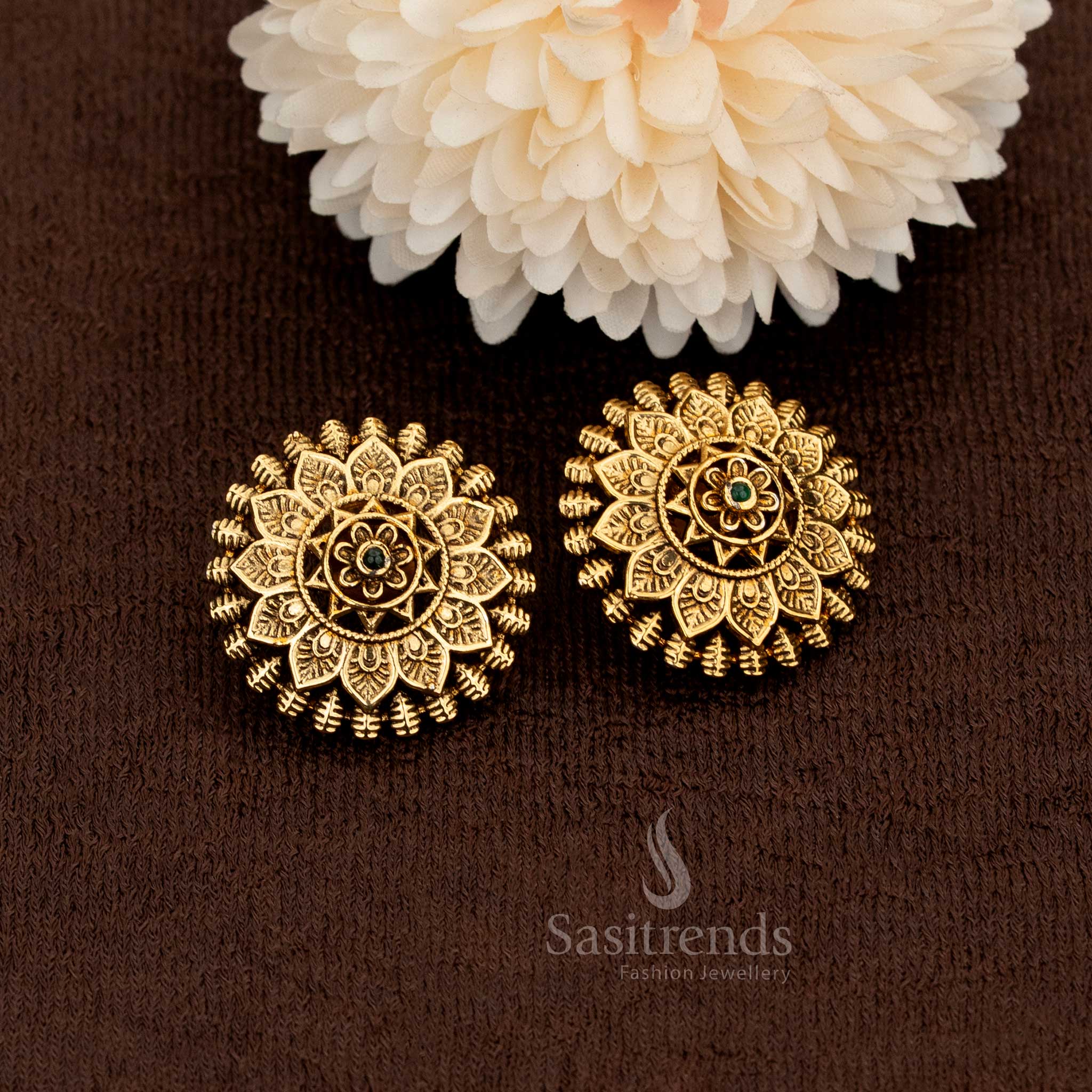 Antique Matte Gold Plated Floral Temple Earrings – Premium Design - Sasitrends - Image 2