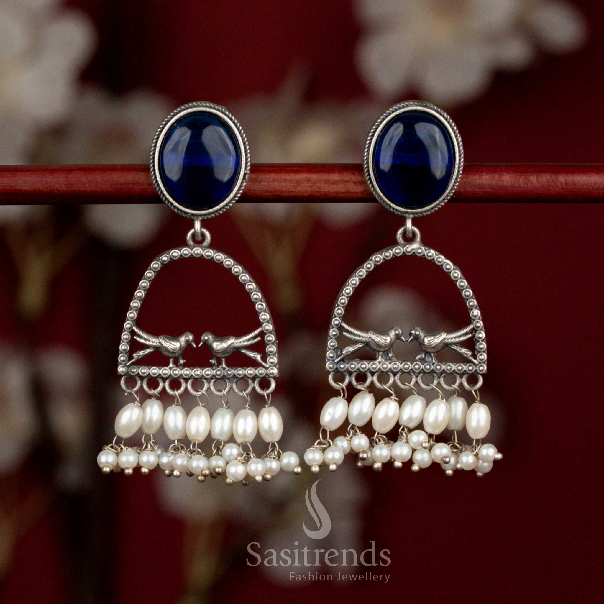 Beautiful Antique Oxidised 92.5 Silver Plated Spherical Arch Dual Bird Earrings with Oval Monalisa Stone & Rice Pearl Hangings for Cultural Styling - Image 8