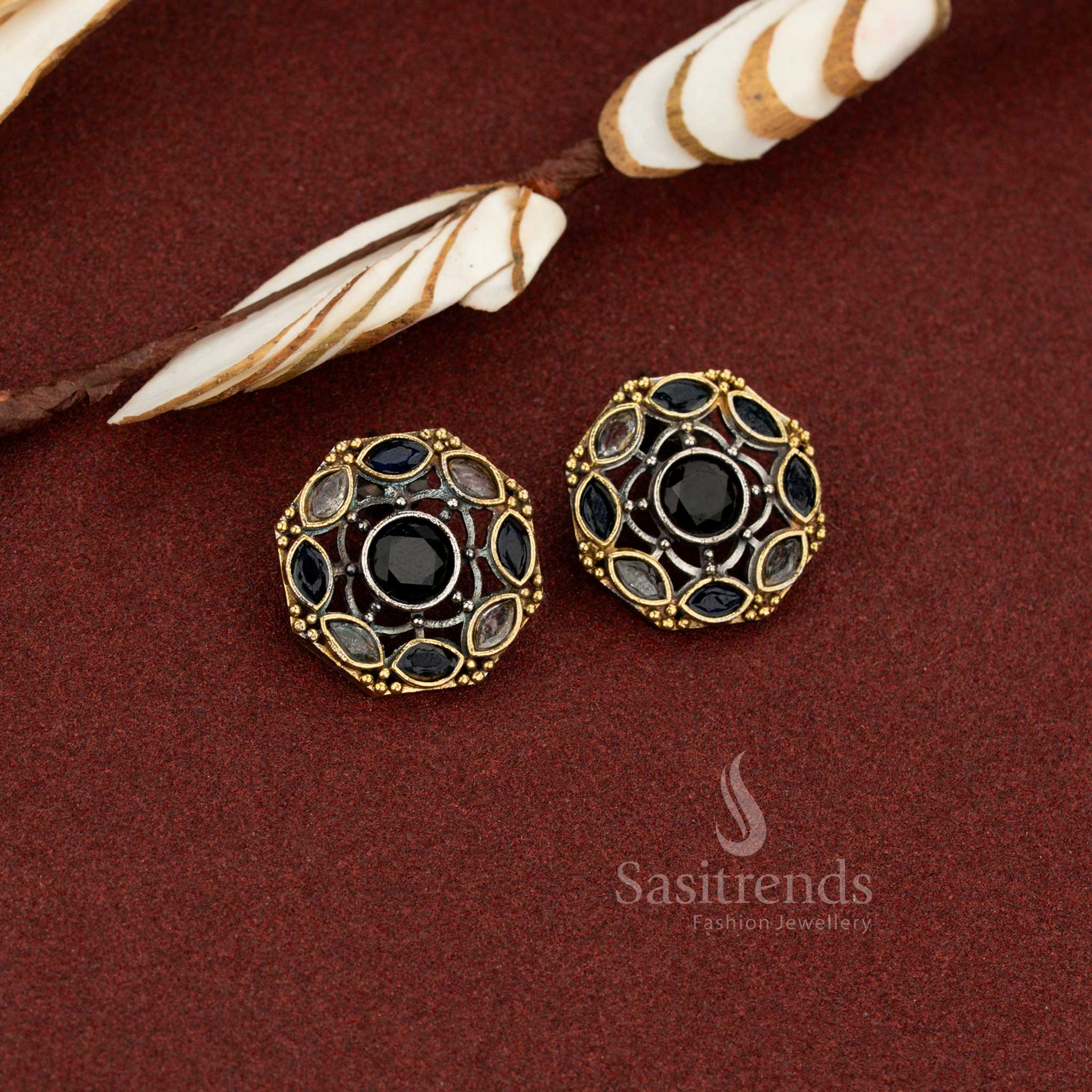 Antique Oxidised Dual-Tone Round Lattice Circle Stone Earrings for Chic Daily & Statement Styling - Image 2