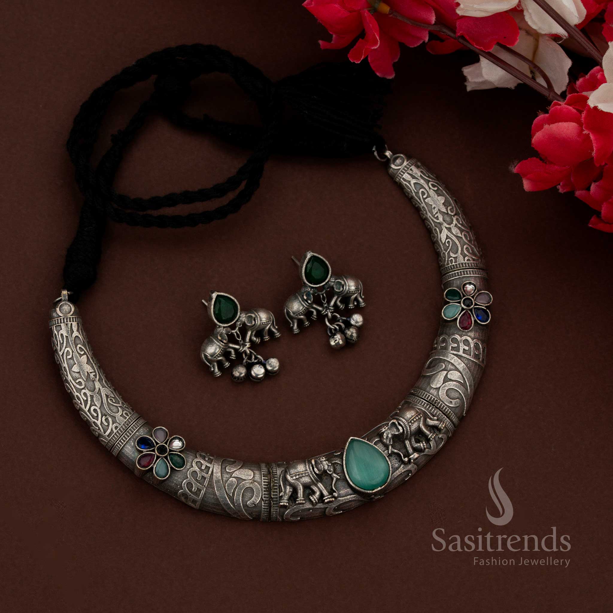 Antique Oxidised Jewellery Necklace Sets Elephant Motif Husli for Festive & Celebration Wear - Image 4