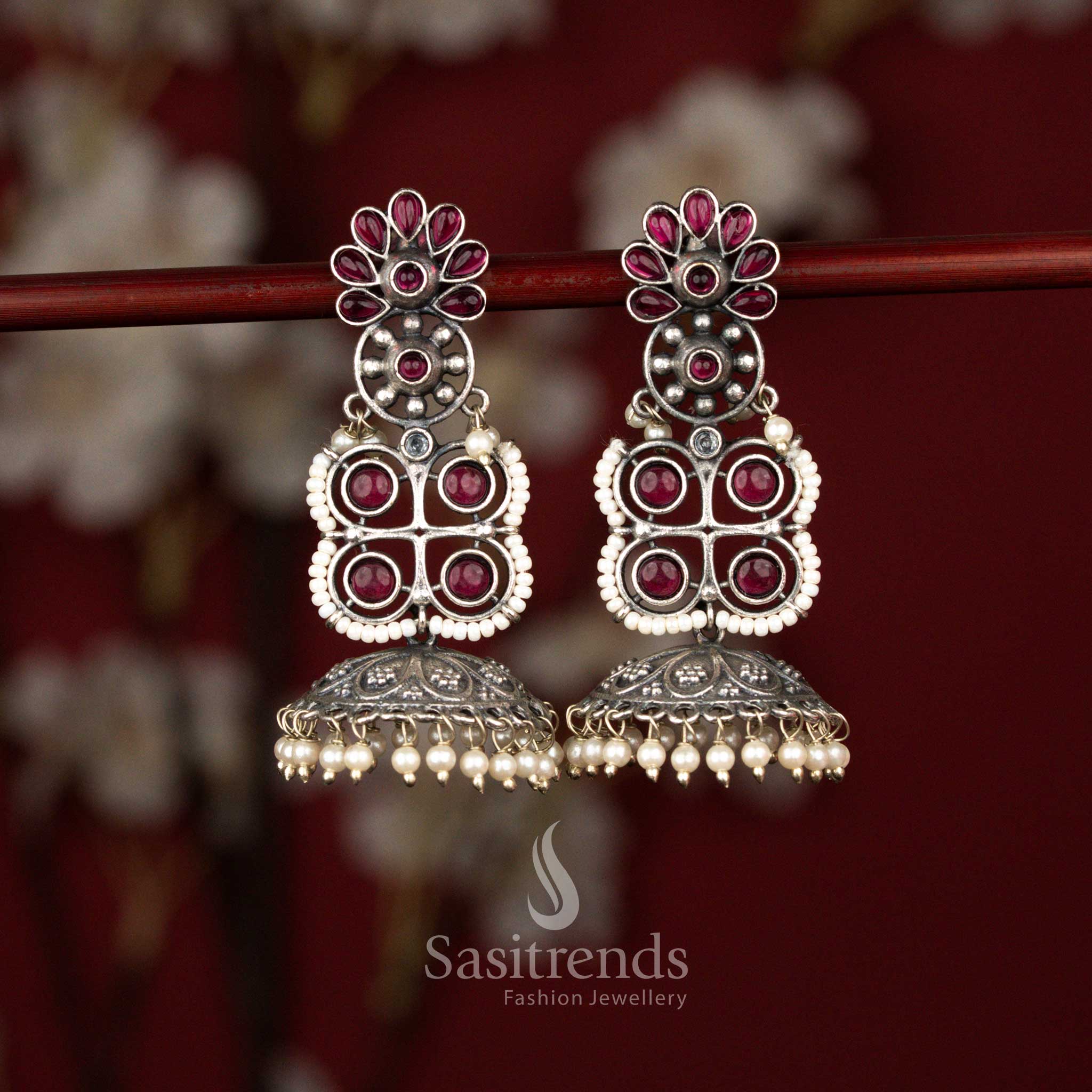 Antique Oxidised Floral & Geometric Fusion Stone and Pearl Bell Jhumka Earrings for Ethnic Sarees, Kurti Sets - Image 4