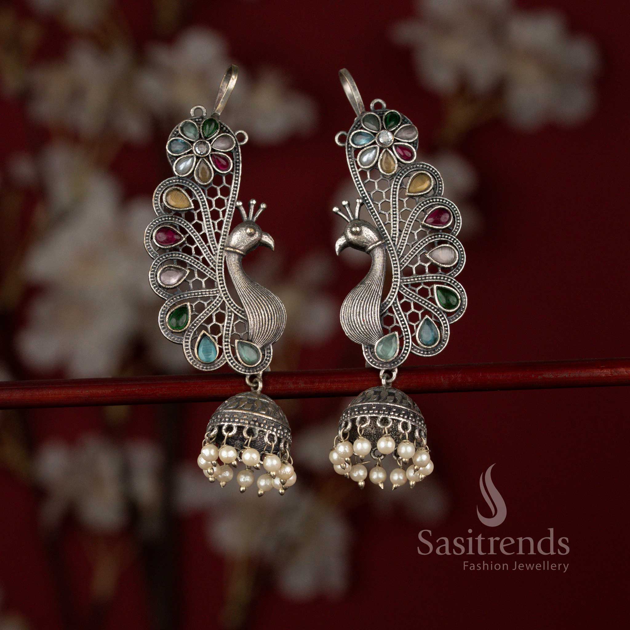 Antique 92.5 Silver Plated Oxidised Peacock Floral Teardrop Stone & Pearl Earcuff Jhumka Earrings for Sarees, Silk Kurtis & Celebration Wear