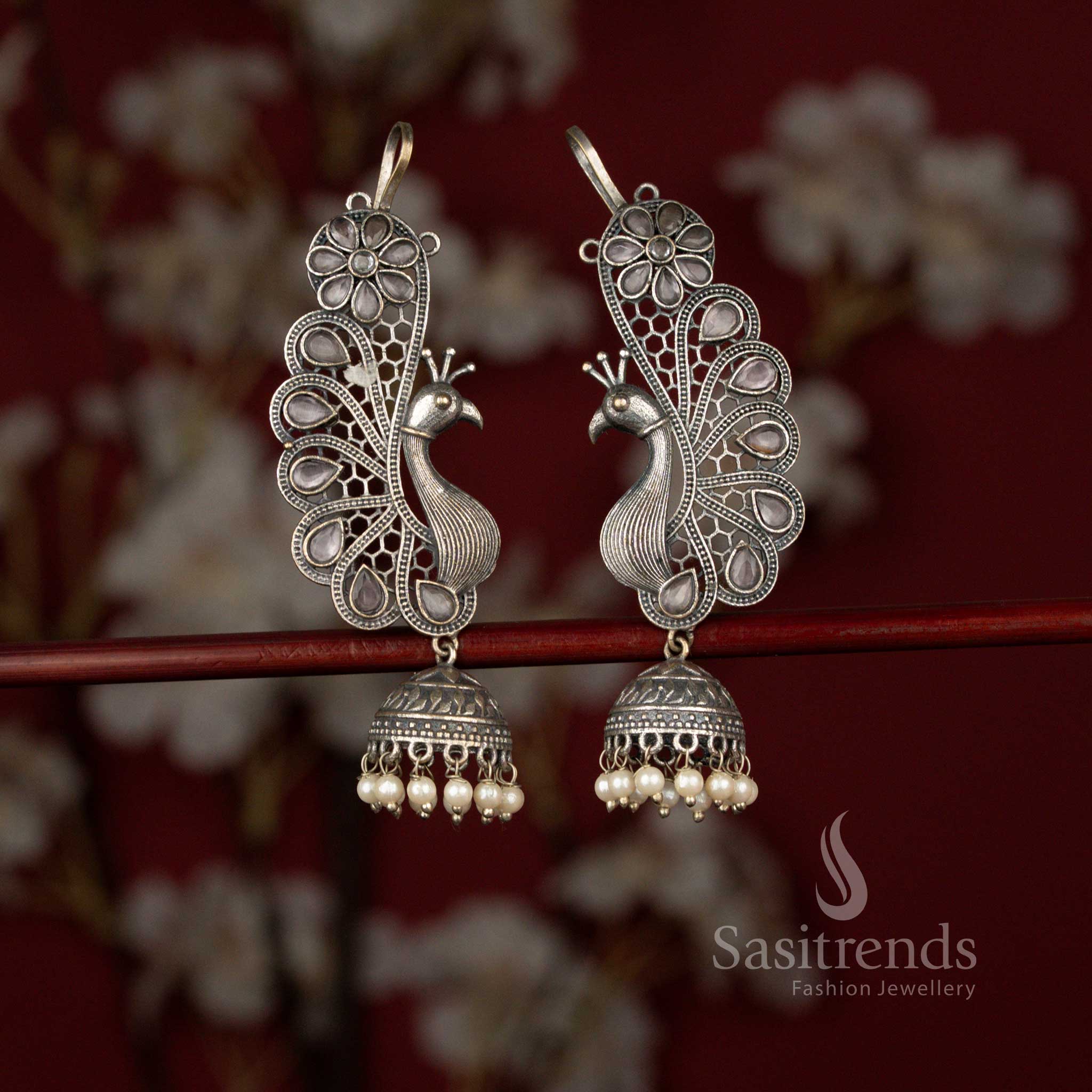 Antique 92.5 Silver Plated Oxidised Peacock Floral Teardrop Stone & Pearl Earcuff Jhumka Earrings for Sarees, Silk Kurtis & Celebration Wear - Image 4