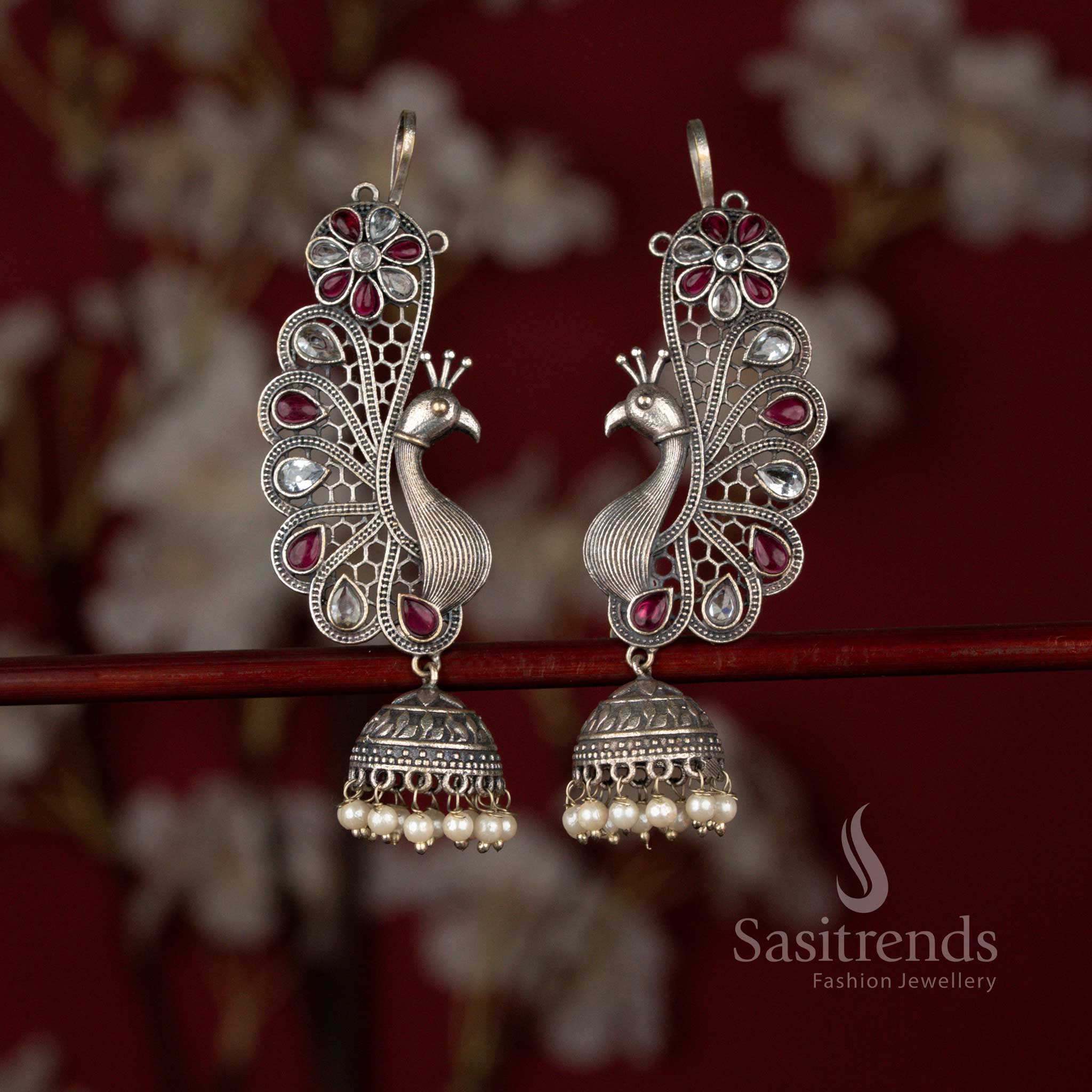 Antique 92.5 Silver Plated Oxidised Peacock Floral Teardrop Stone & Pearl Earcuff Jhumka Earrings for Sarees, Silk Kurtis & Celebration Wear - Image 5