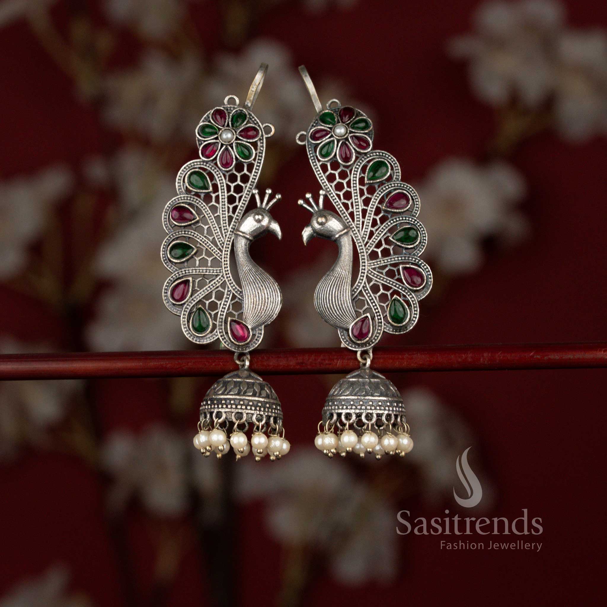 Antique 92.5 Silver Plated Oxidised Peacock Floral Teardrop Stone & Pearl Earcuff Jhumka Earrings for Sarees, Silk Kurtis & Celebration Wear - Image 6