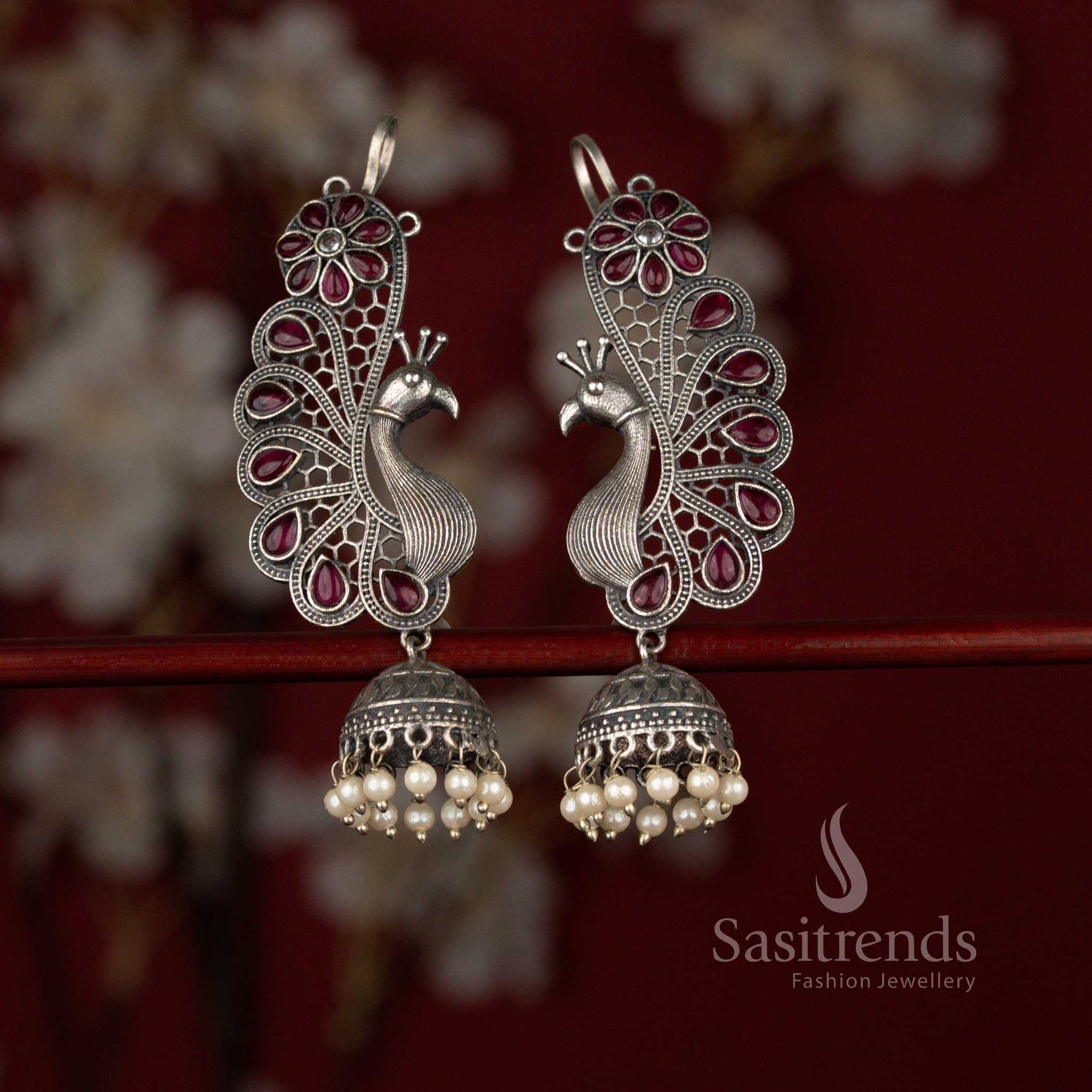 Antique 92.5 Silver Plated Oxidised Peacock Floral Teardrop Stone & Pearl Earcuff Jhumka Earrings for Sarees, Silk Kurtis & Celebration Wear - Image 7