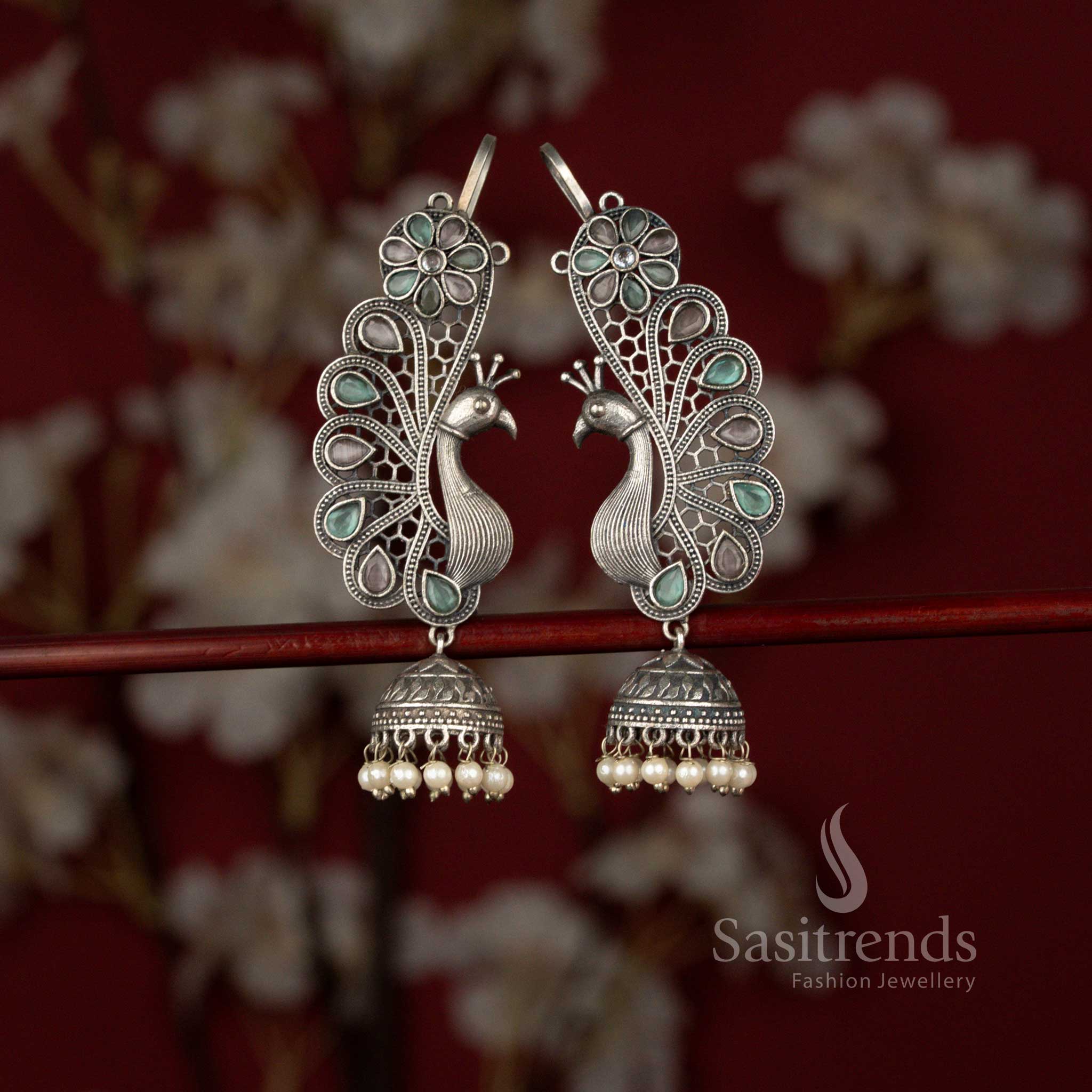 Antique 92.5 Silver Plated Oxidised Peacock Floral Teardrop Stone & Pearl Earcuff Jhumka Earrings for Sarees, Silk Kurtis & Celebration Wear - Image 9
