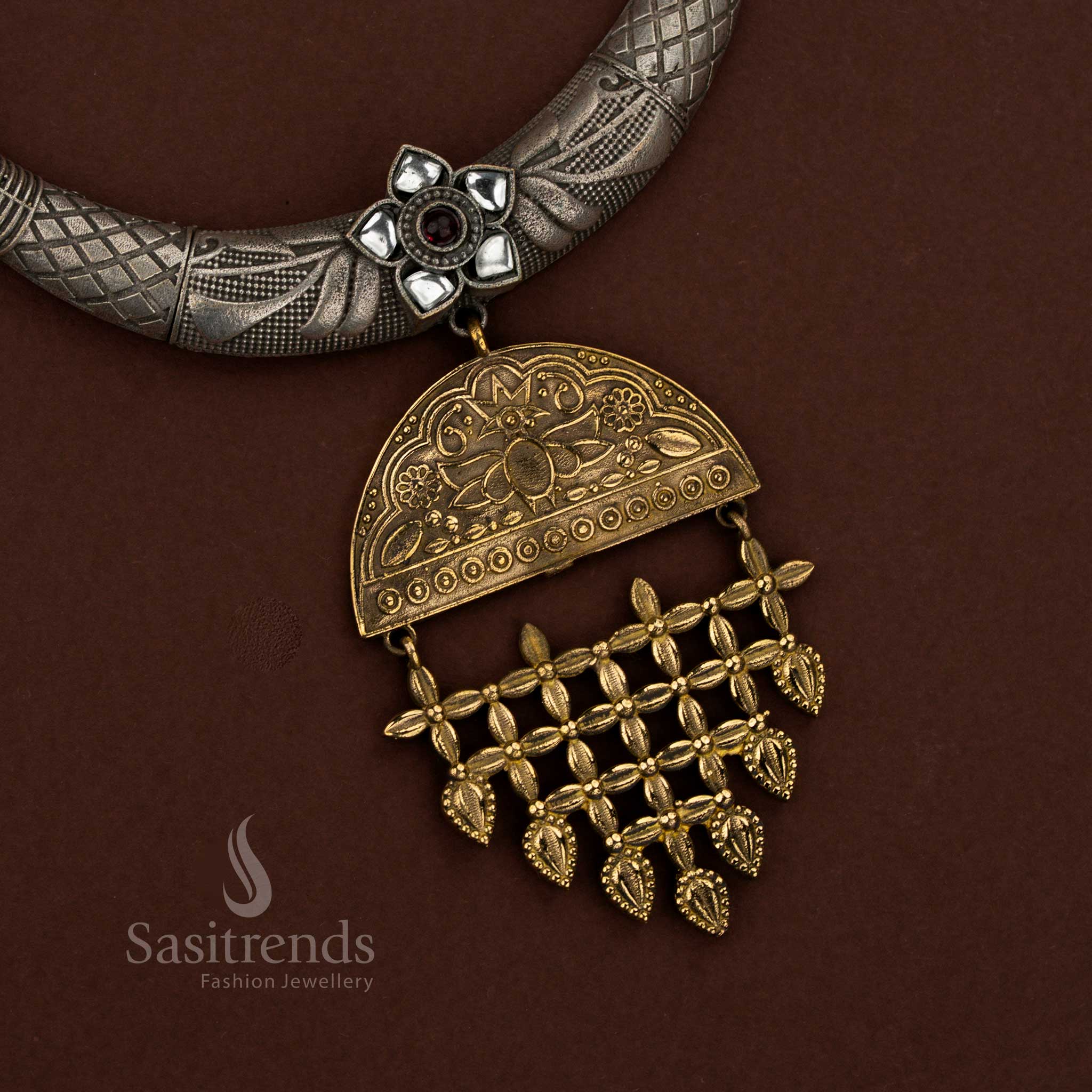 Antique Oxidised Peacock Husli Necklace Jewellery Sets with Golden Floral Pendant for Special Occasions & Evening Functions - Image 2