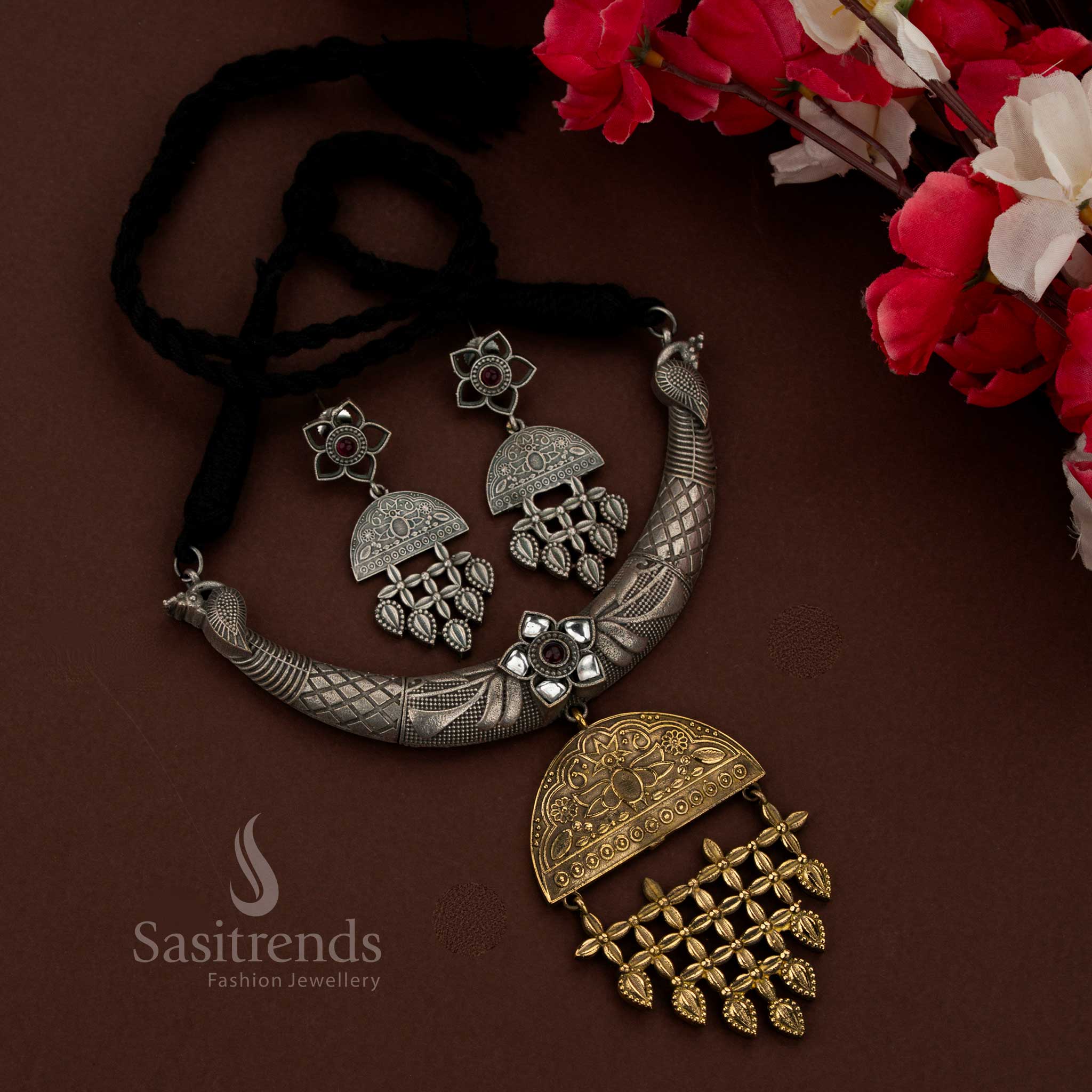 Antique Oxidised Peacock Husli Necklace Jewellery Sets with Golden Floral Pendant for Special Occasions & Evening Functions - Image 3