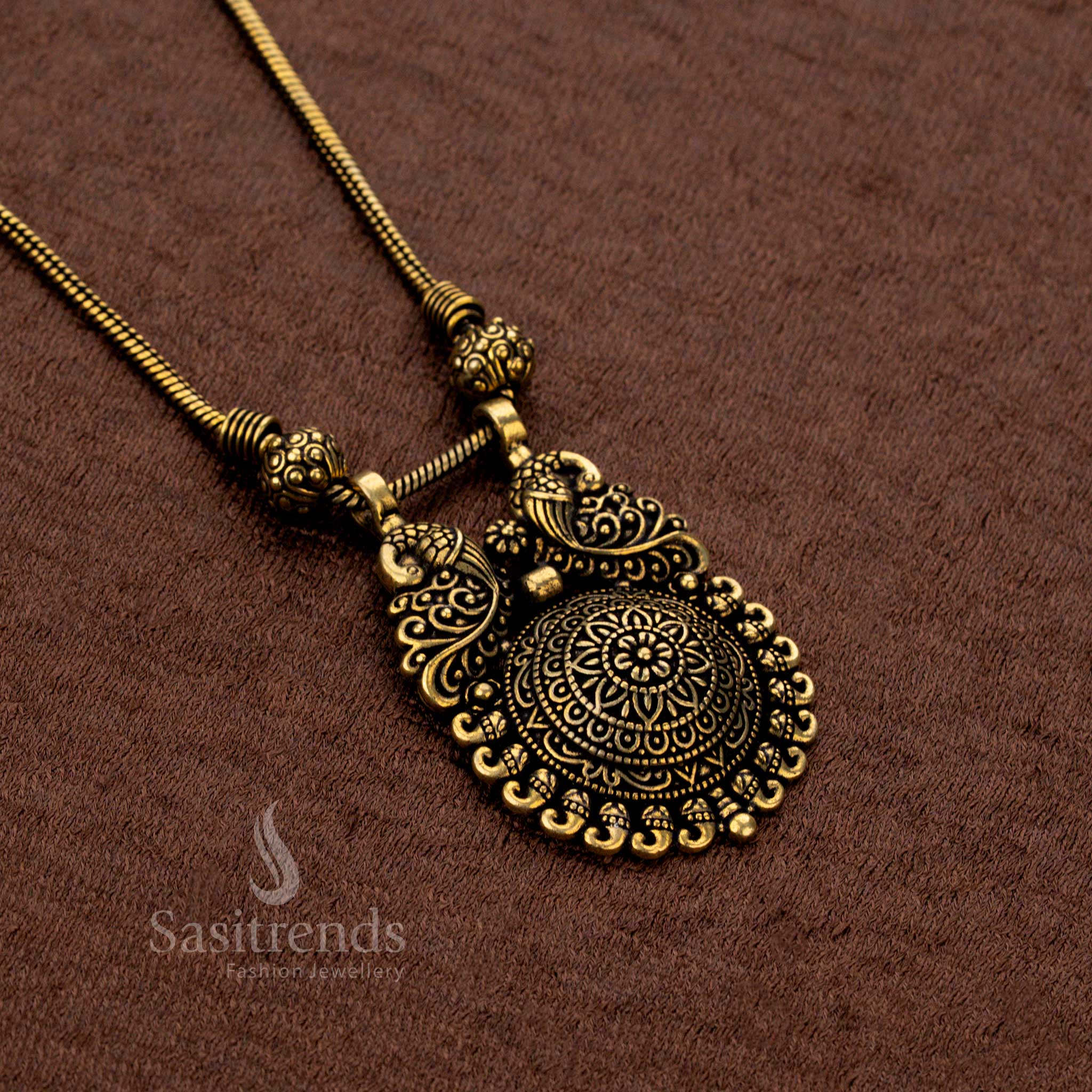 Antique Oxidised Peacock Pendant Chain Necklace with Dual Peacock Motif and Floral Carving β Traditional Wear Jewellery for Navaratri and Festive Occasions - Sasitrends - Image 2