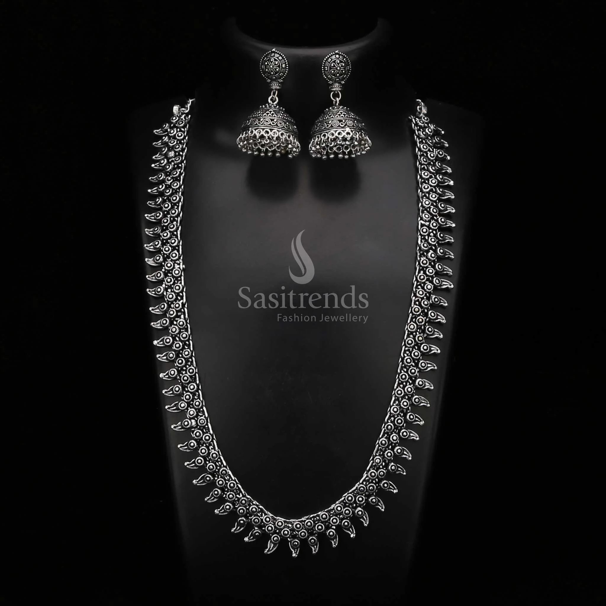 Assorted Collection of Oxidised Long Haram Necklace and Jhumka Earrings Jewellery Set - Image 3