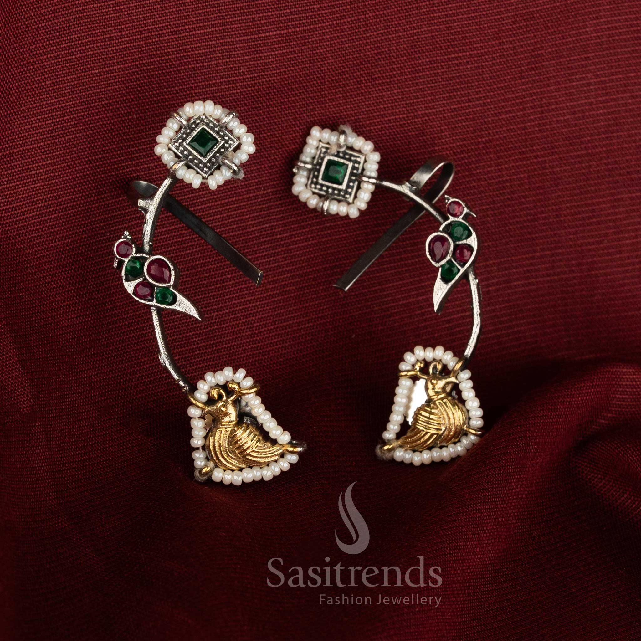 Attractive Antique Dual Tone 92.5 Silver Plated Oxidised Peacock Stone Ear Cuff Earrings – Ethnic Wear - Image 3