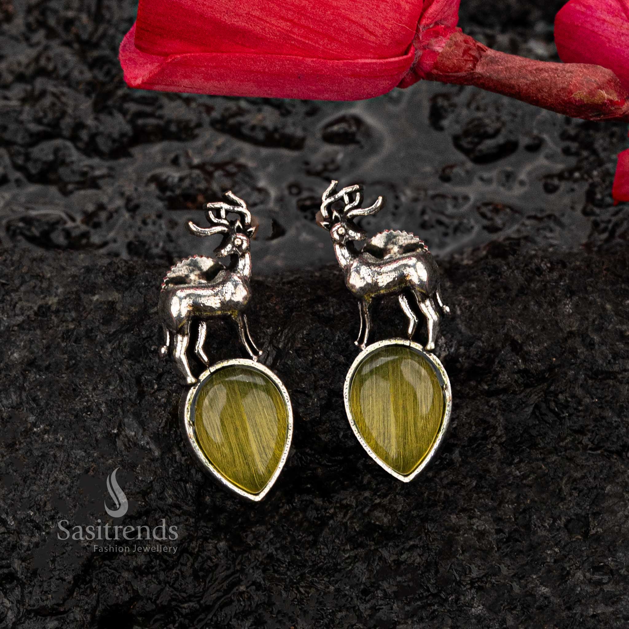 Attractive Silver Oxidised Deer Monalisa Stone Earrings | Nature Inspired Elegance - Sasitrends - Image 3