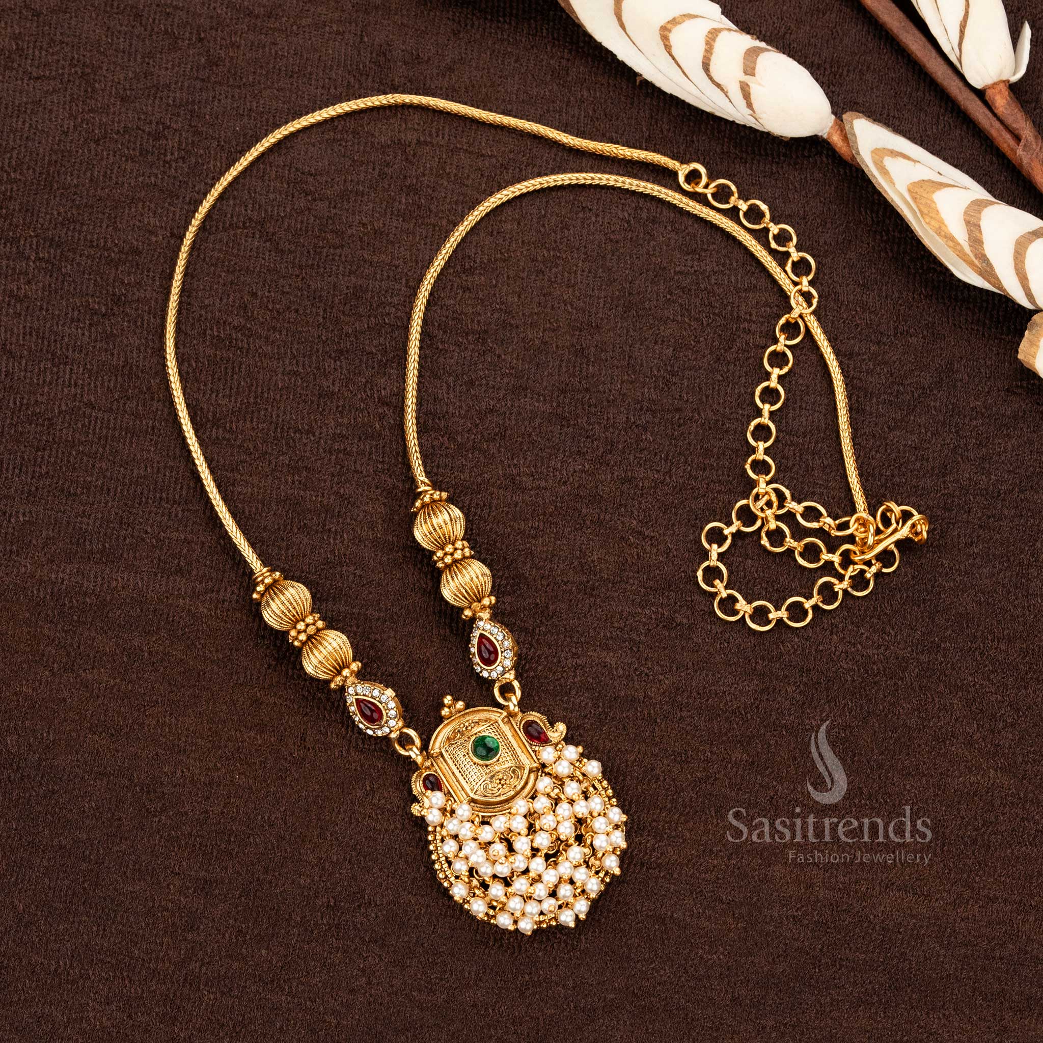 Beautifully Crafted Classic Matte Gold Plated Necklace Jewellery Set with Pearl Pendant and Teardrop Motifs - Sasitrends - Image 6
