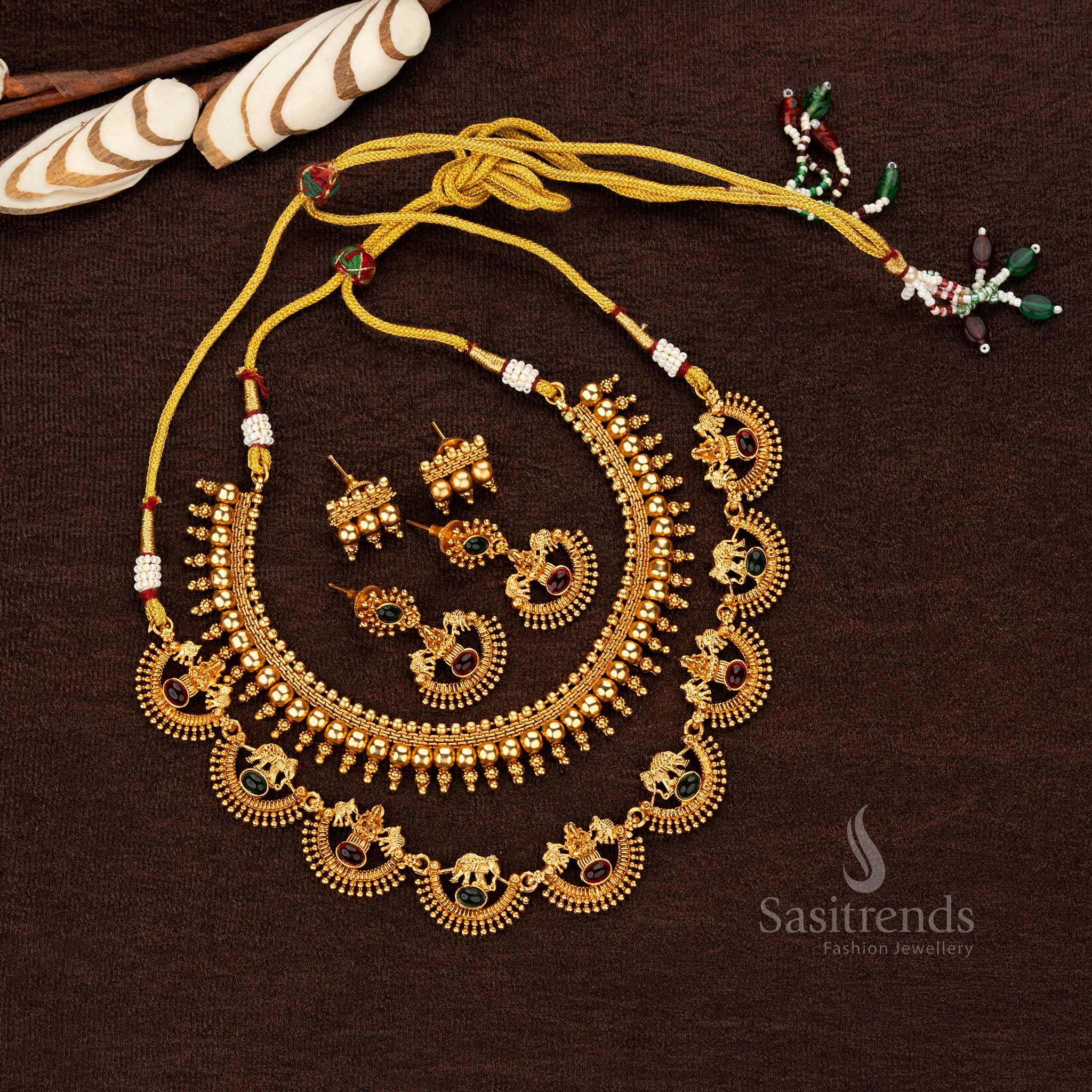 Traditional Classic Temple Matte Gold Combo Necklace Jewellery Set with Elephant & Lakshmi Motifs and Ball Design - Sasitrends