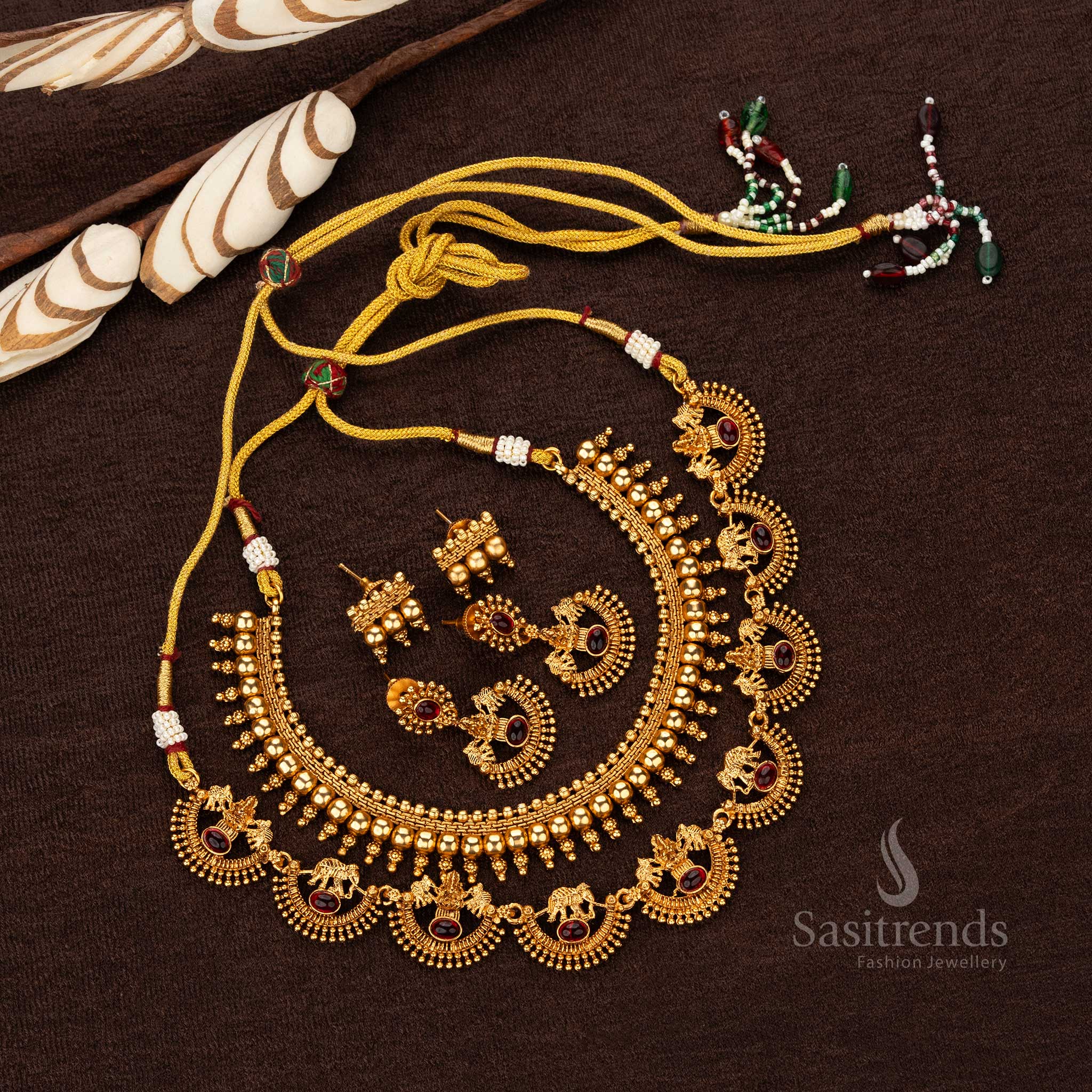 Traditional Classic Temple Matte Gold Combo Necklace Jewellery Set with Elephant & Lakshmi Motifs and Ball Design - Sasitrends - Image 3