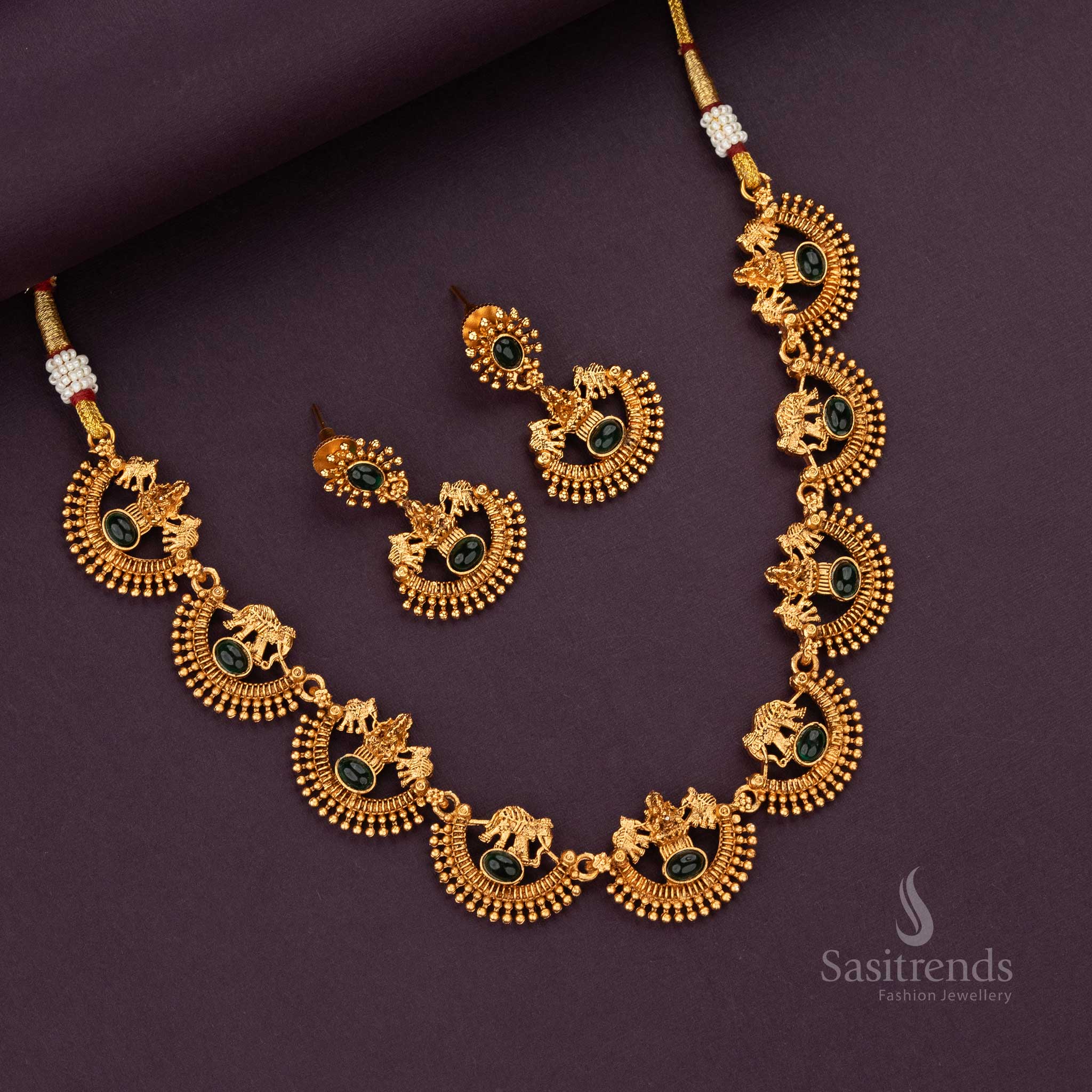 Stunning Classic Temple Matte Gold Plated Necklace Jewellery Set with Lakshmi and Elephant Motifs - Sasitrends - Image 4