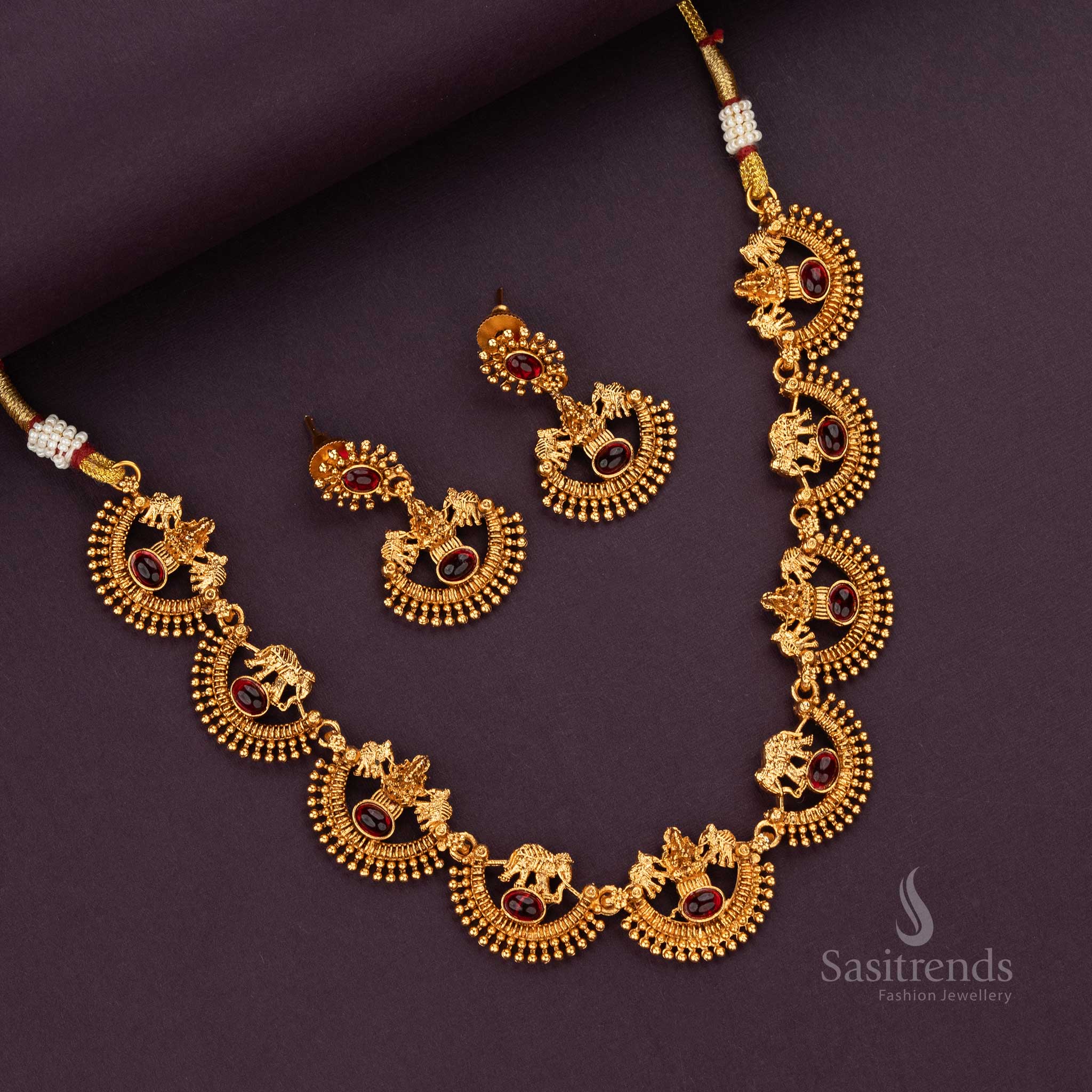 Stunning Classic Temple Matte Gold Plated Necklace Jewellery Set with Lakshmi and Elephant Motifs - Sasitrends - Image 6
