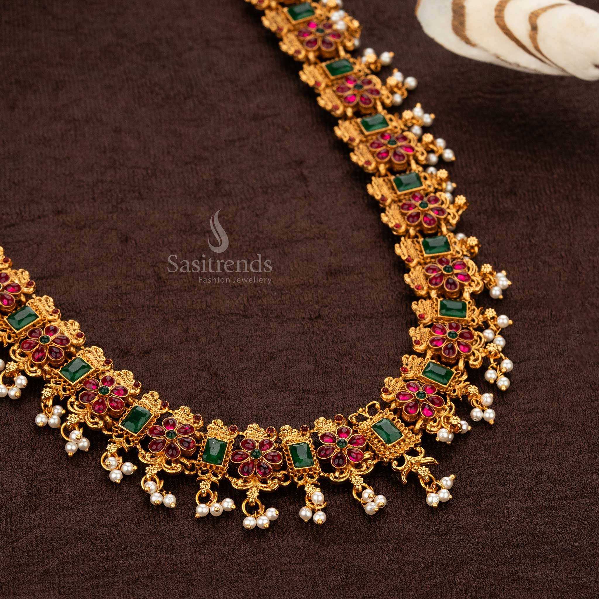 Traditional Classic Temple Matte Gold Plated Temple Long Floral Pearl Haram Necklace Jewellery Set with Jhumka Earrings - Sasitrends - Image 2