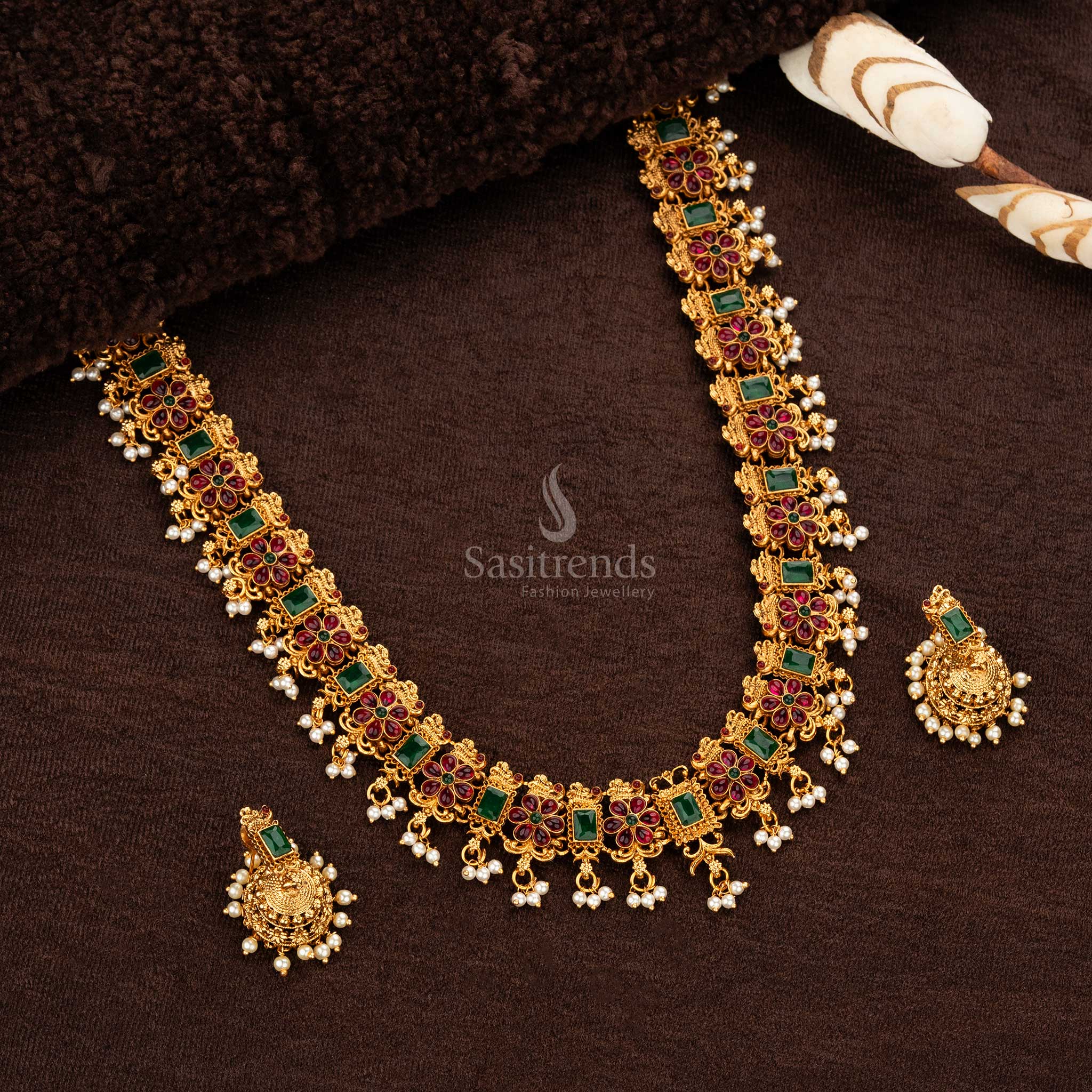 Traditional Classic Temple Matte Gold Plated Temple Long Floral Pearl Haram Necklace Jewellery Set with Jhumka Earrings - Sasitrends - Image 5