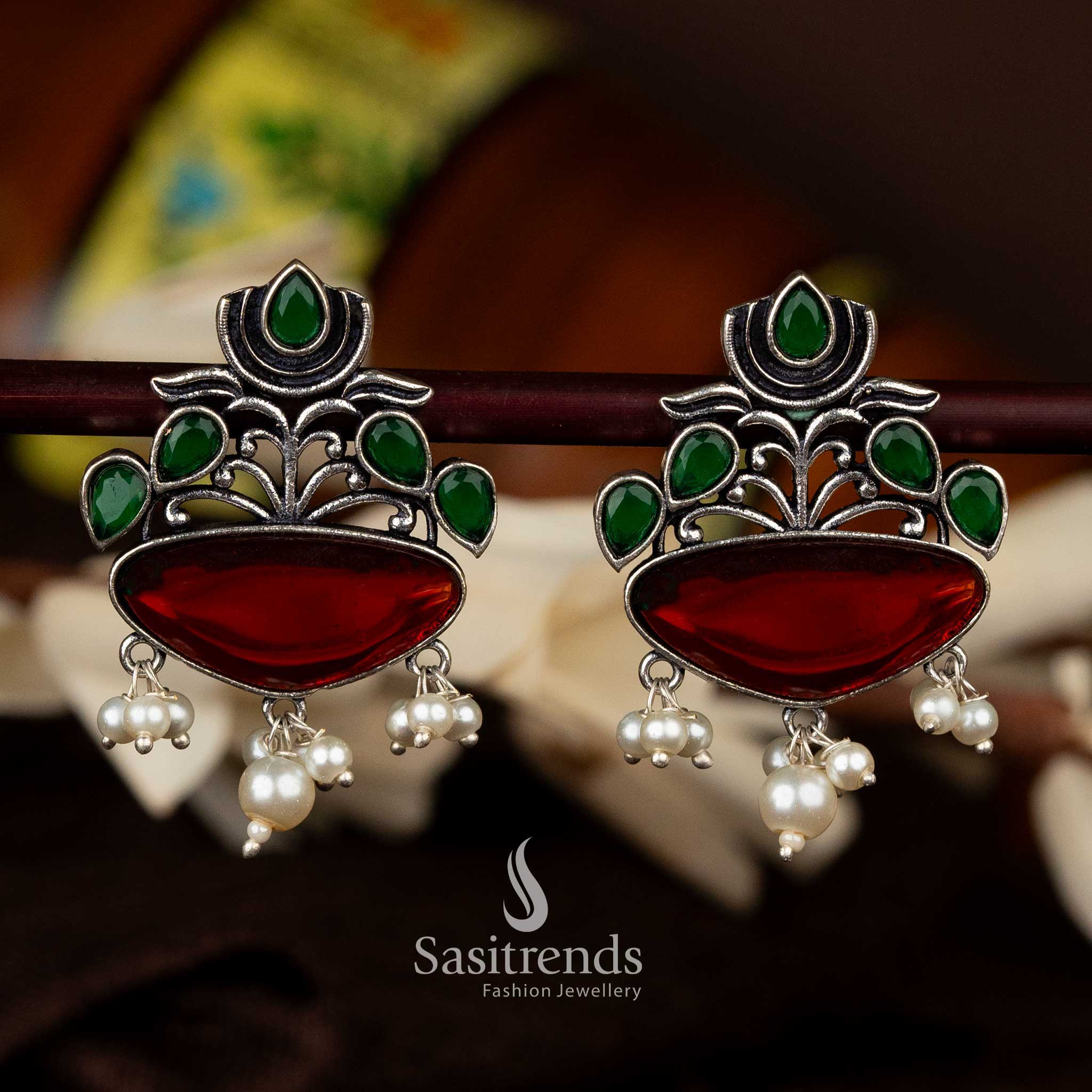 Elegant Oxidised Silver Lotus and Pearls Drop Earrings | Available in Multiple Colors - Sasitrends - Image 7