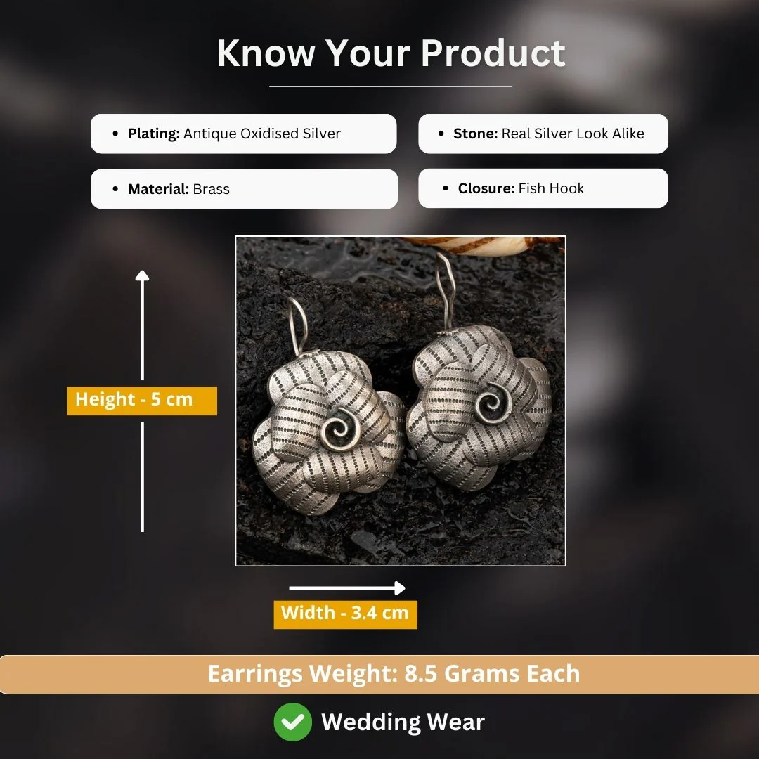 Beautifully Crafted Silver Replica Oxidised Spiral Rose Motif Earrings - Sasitrends - Image 2