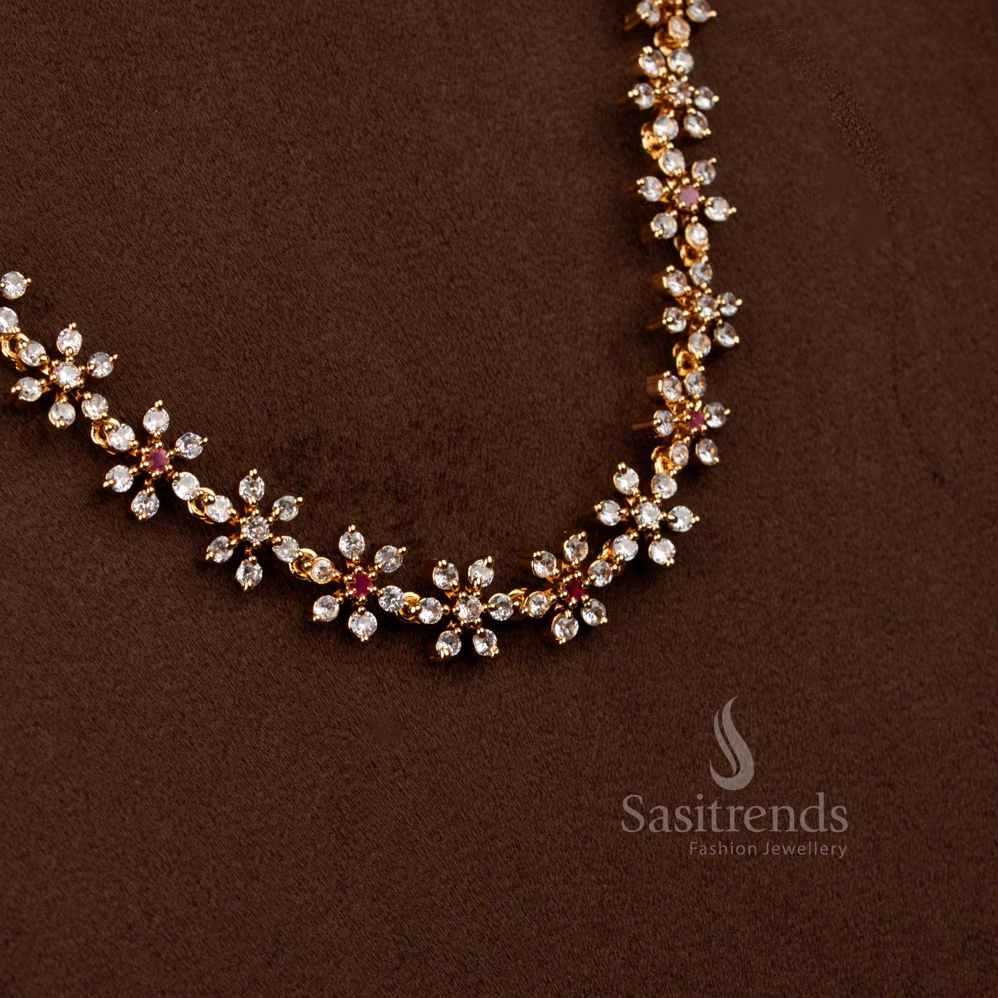 Amazing Micro Gold Plated Floral Short & Long Necklace Jewellery Set with American Diamond Stones | One Gram Guaranteed Festive Wear - Image 14
