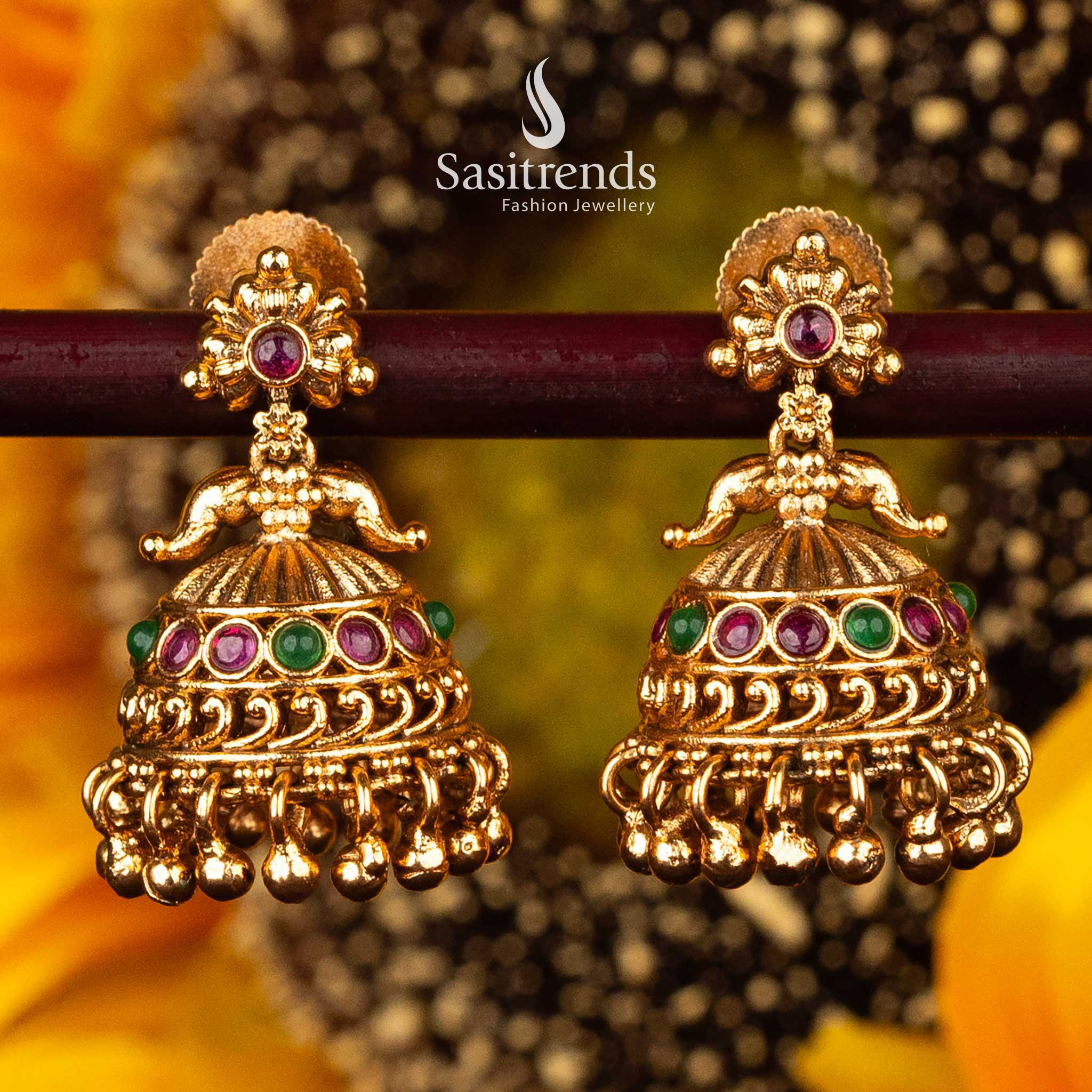 Traditional Ruby and Ruby-Green Temple Matte Gold Jhumka Earrings for Weddings and Special Occasions - Sasitrends - Image 2