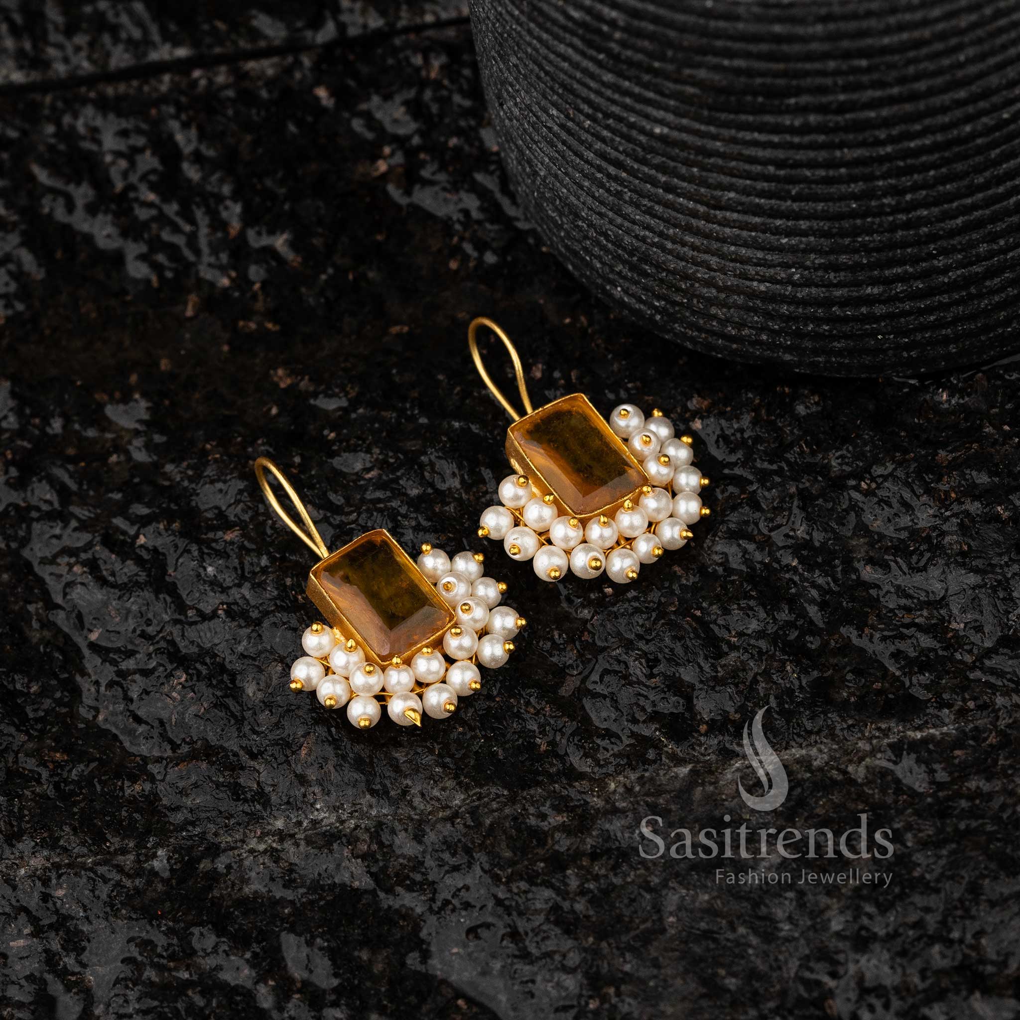 Gold Plated Monalisa Stone Studded Contemporary Fishhook Earrings with Pearls | Sasitrends - Image 5