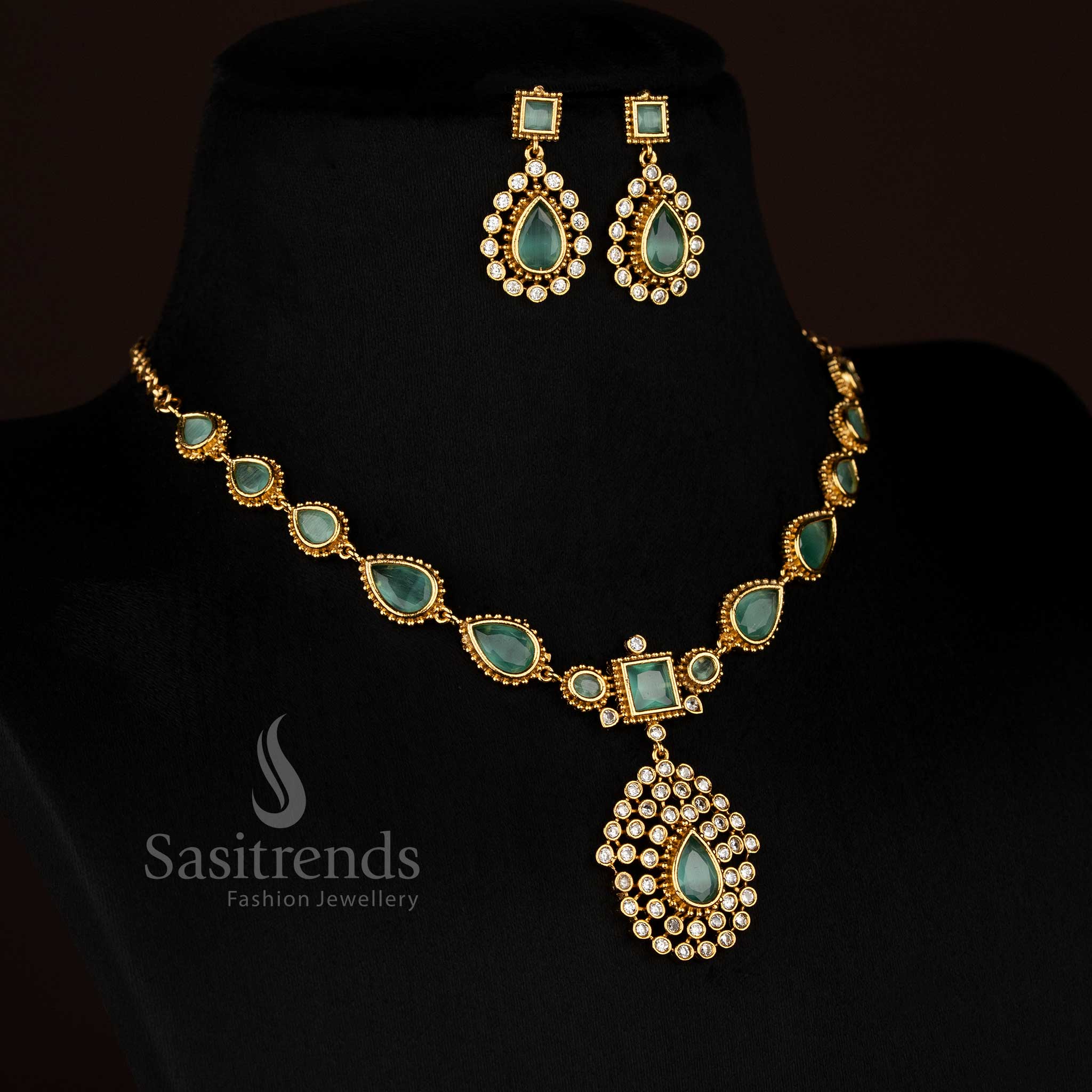 Attractive Matte Gold Plated American Diamond Teardrop Stone Square Motif Short & Long Necklace Jewellery Set for Festive Occasion Wear