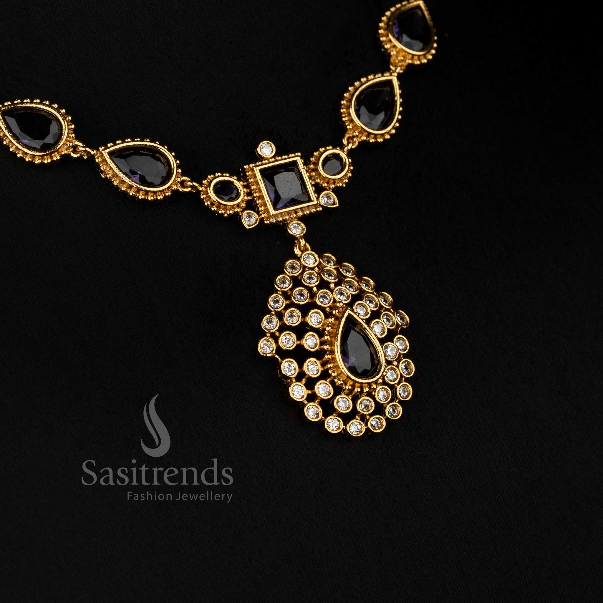 Attractive Matte Gold Plated American Diamond Teardrop Stone Square Motif Short & Long Necklace Jewellery Set for Festive Occasion Wear - Image 11