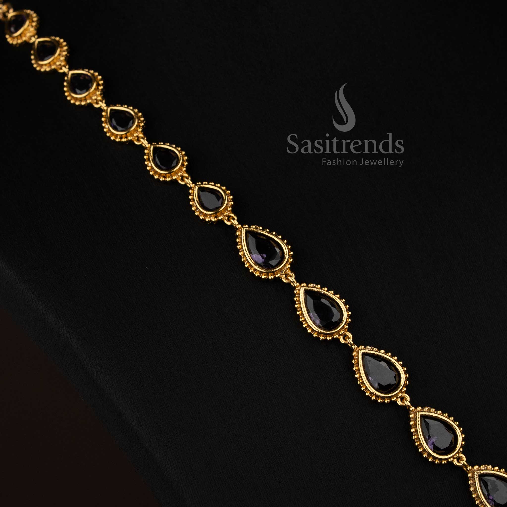 Attractive Matte Gold Plated American Diamond Teardrop Stone Square Motif Short & Long Necklace Jewellery Set for Festive Occasion Wear - Image 21